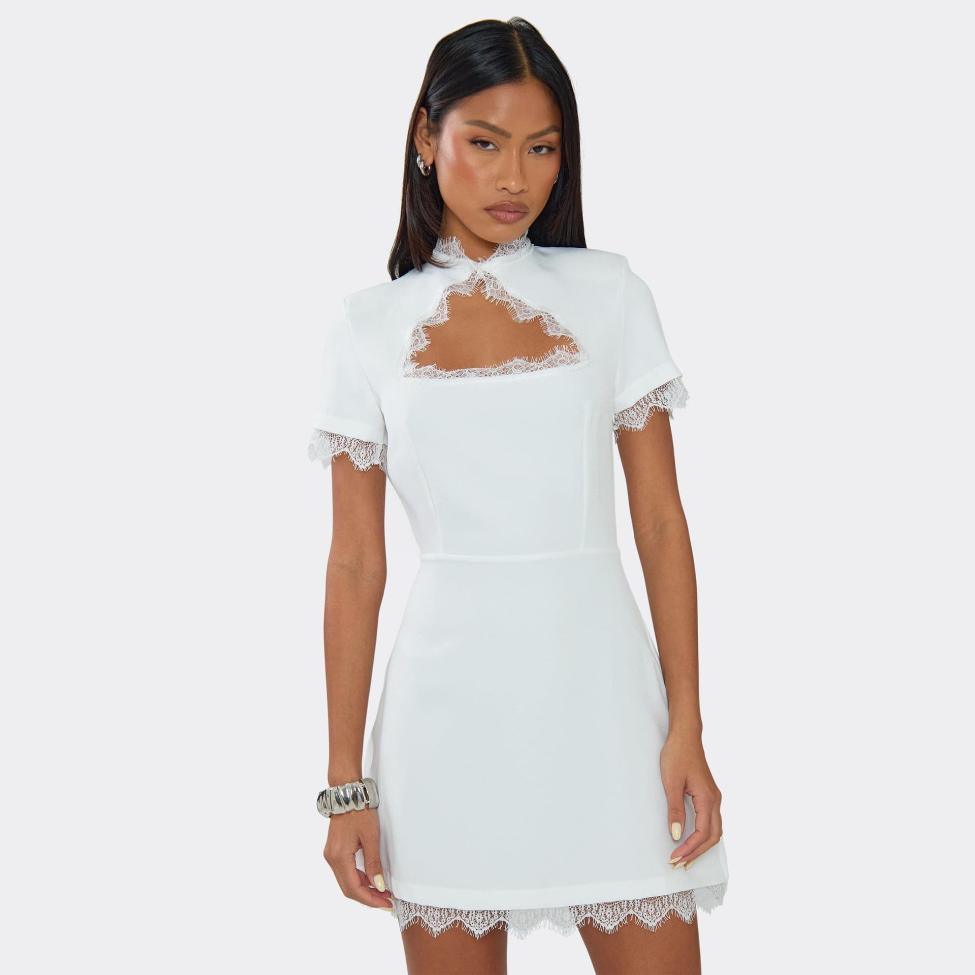EGO Short Sleeve Cut Out Lace Trim A-Line Mini Dress In White, Women's Size UK 6