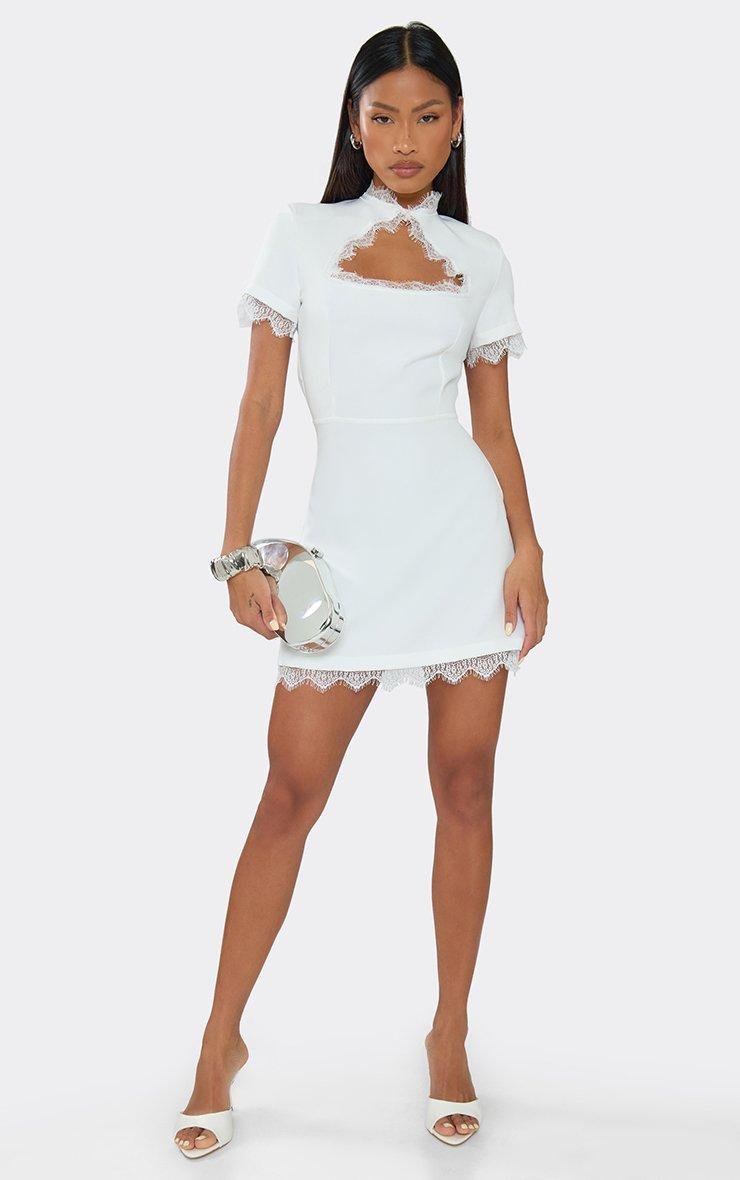 EGO Short Sleeve Cut Out Lace Trim A-Line Mini Dress In White, Women's Size UK 6 - 2