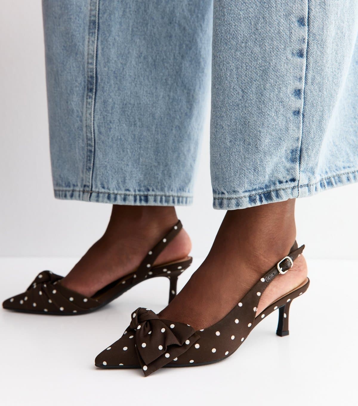 New Look Women's Dark Brown Satin Polka Dot Slingback Court Shoes Vegan New Look