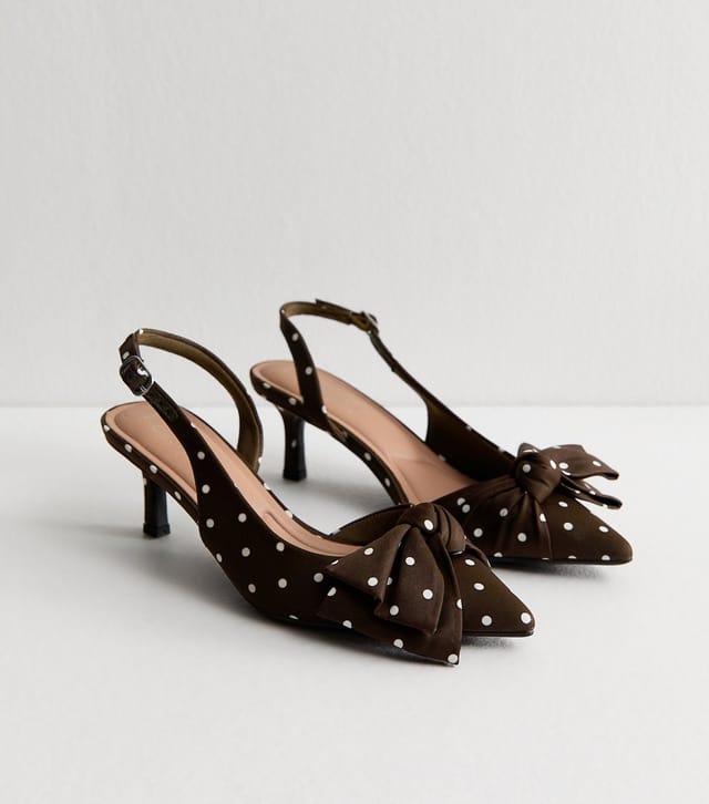 New Look Women's Dark Brown Satin Polka Dot Slingback Court Shoes Vegan New Look - 3