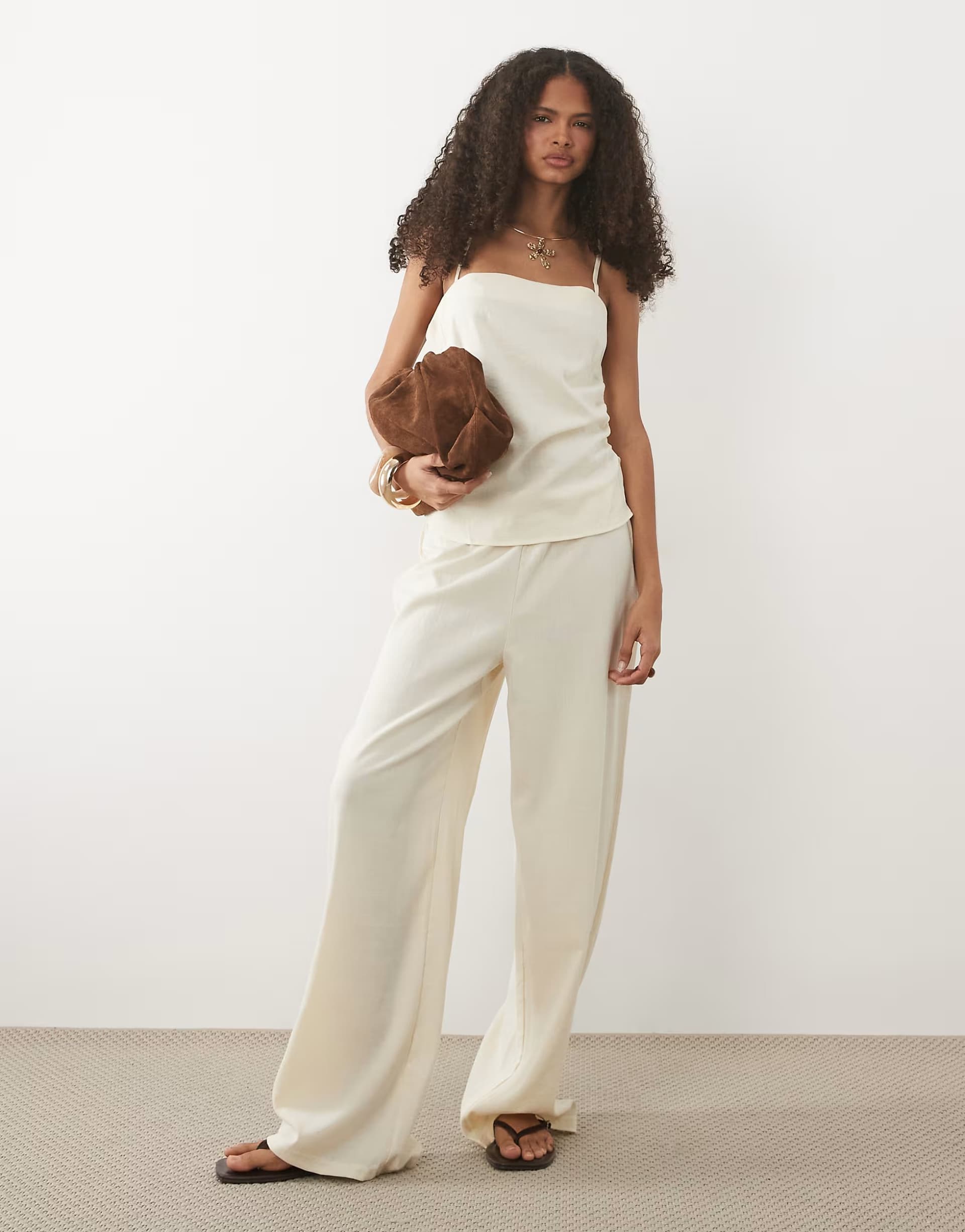 ASOS Mango Riga strappy ruched side top & trouser co-ord in butter yellow