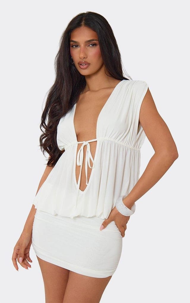 EGO Plunge Neck Short Sleeve Tie Front Ruched Mini Dress In Ivory, Women's Size UK 6 - 2