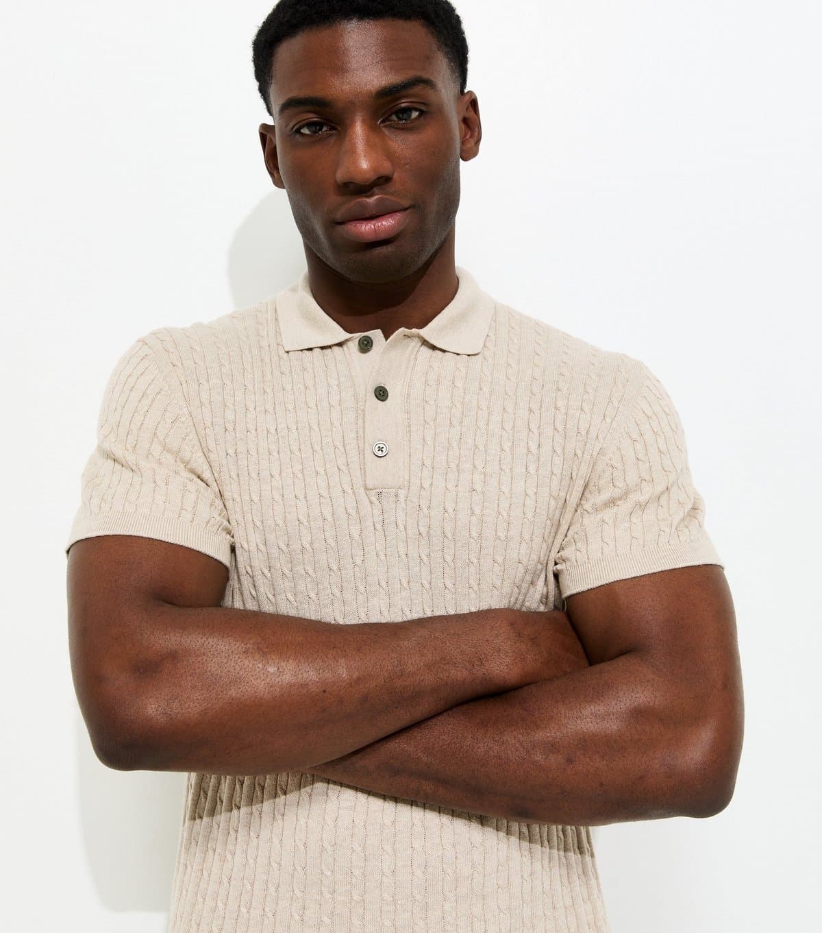 jack & jones Men's Oatmeal Regular Cable Knit Polo Shirt Jack & Jones New Look