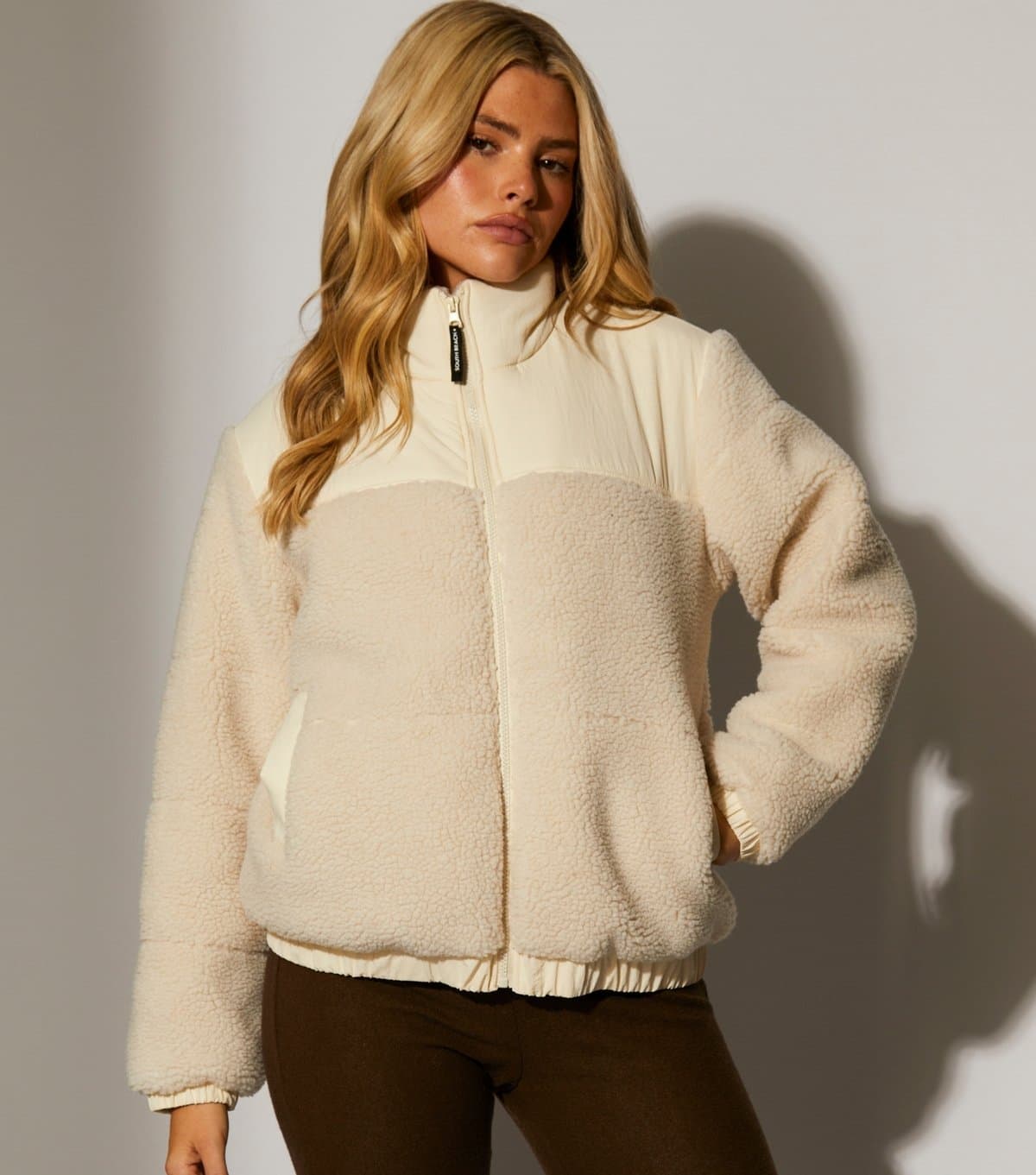 South Beach Women's Cream Contrast Panel Borg Zip Up Jacket South Beach New Look