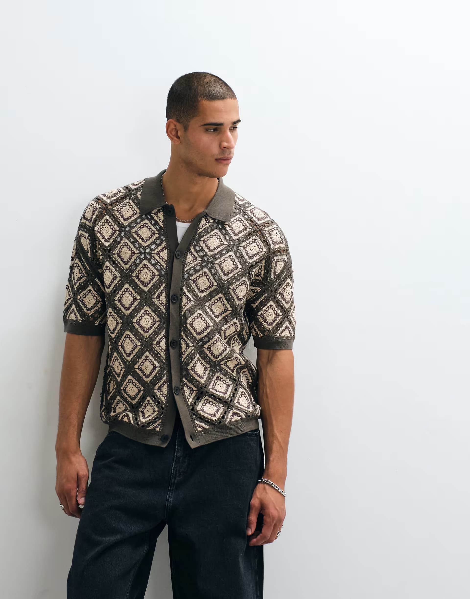 ASOS AllSaints Morena short sleeve patch knit cardigan shirt in khaki