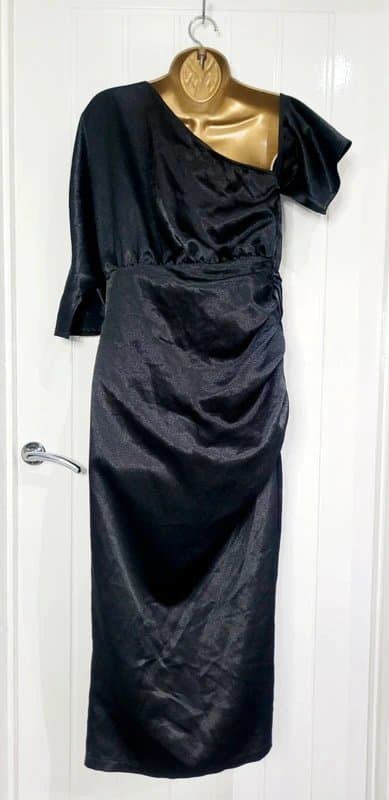 PrettyLittleThing PrettyLittleThing PLT Size UK 12 ladies black satin ruched evening cocktail midi dress VGC