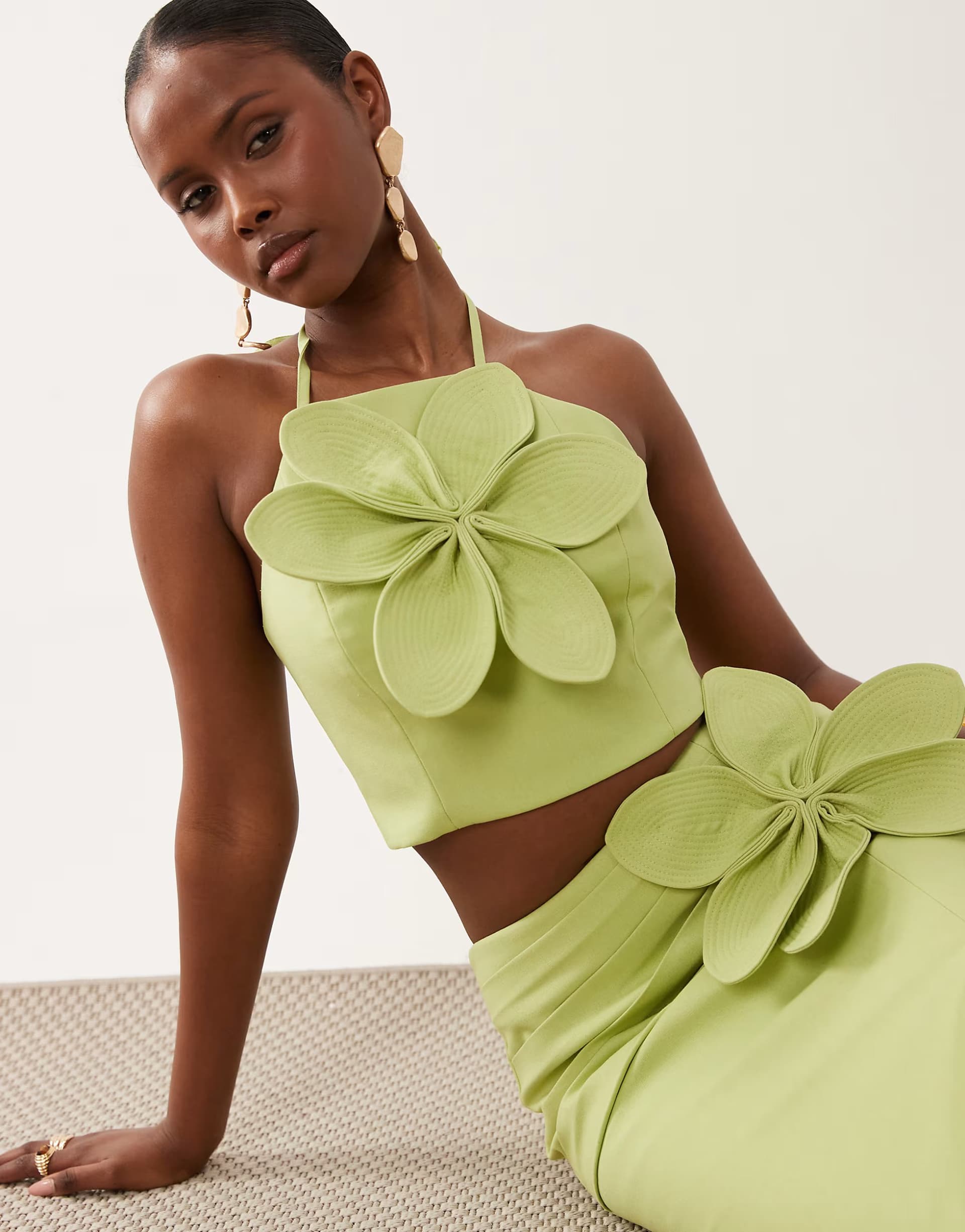 ASOS ASOS LUXE co-ord linen halter top with 3D flower in pistachio