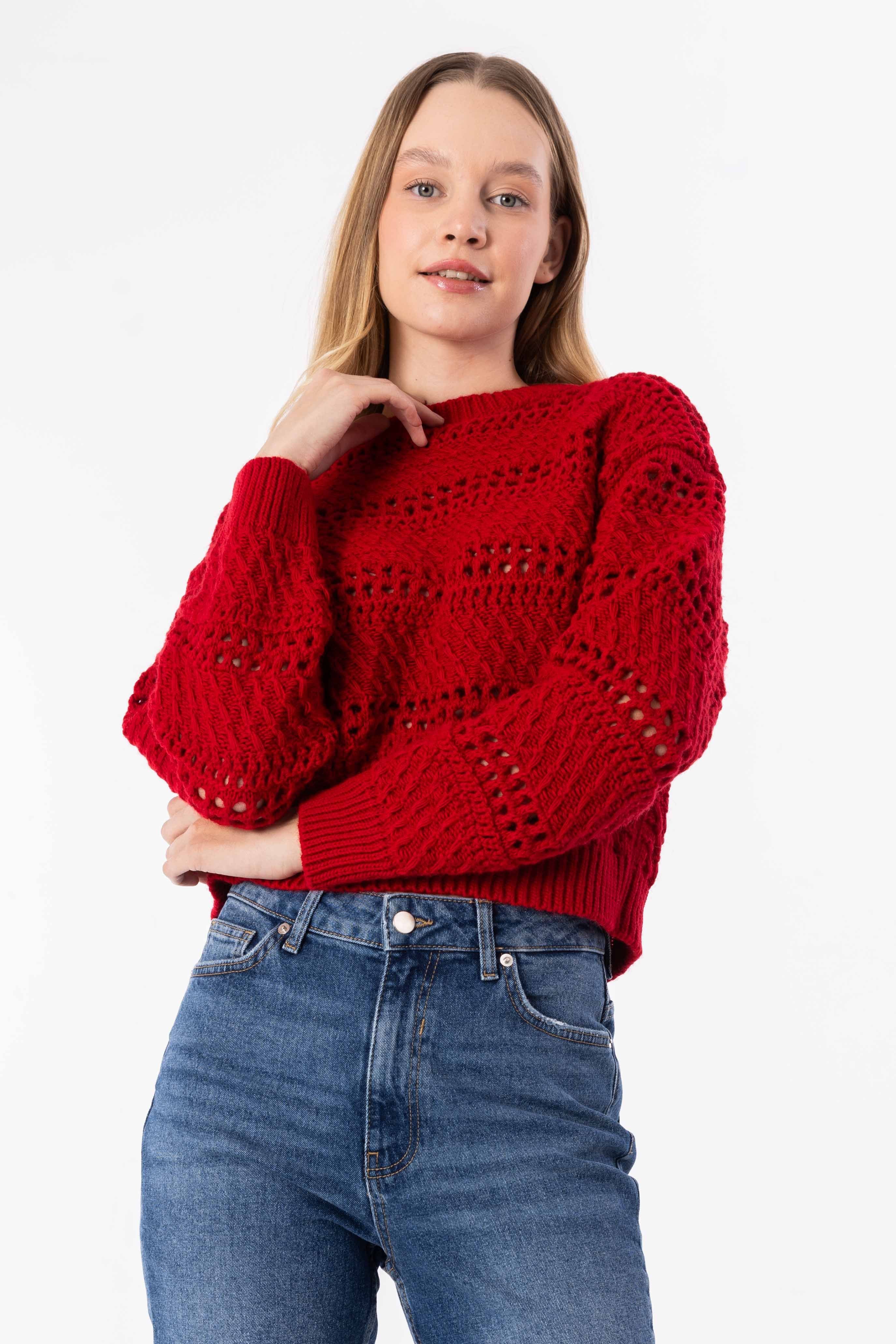 Dexia Dexia Women's Openwork Patterned Long Sleeve Knit Sweater in Red - 1