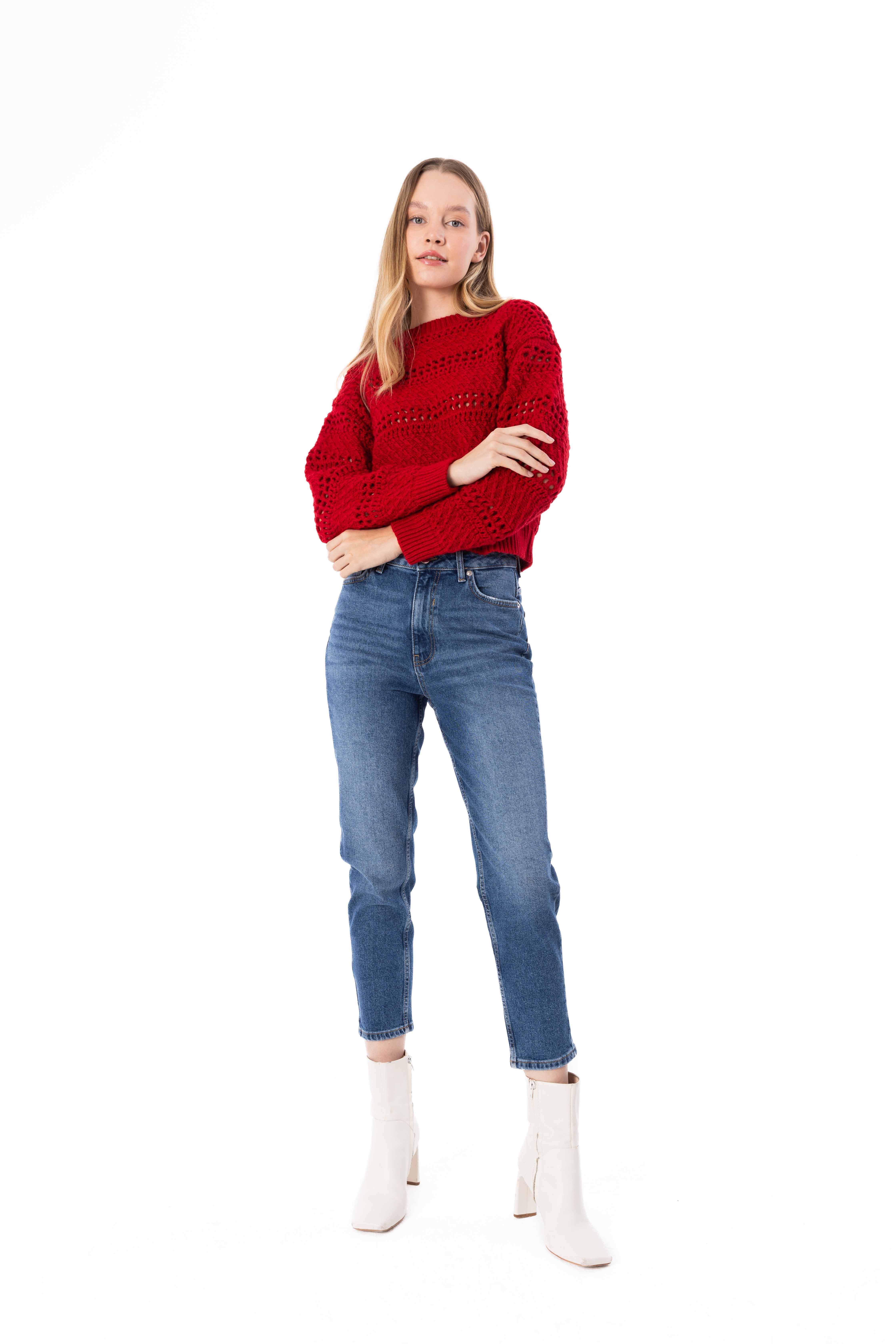 Dexia Dexia Women's Openwork Patterned Long Sleeve Knit Sweater in Red - 3