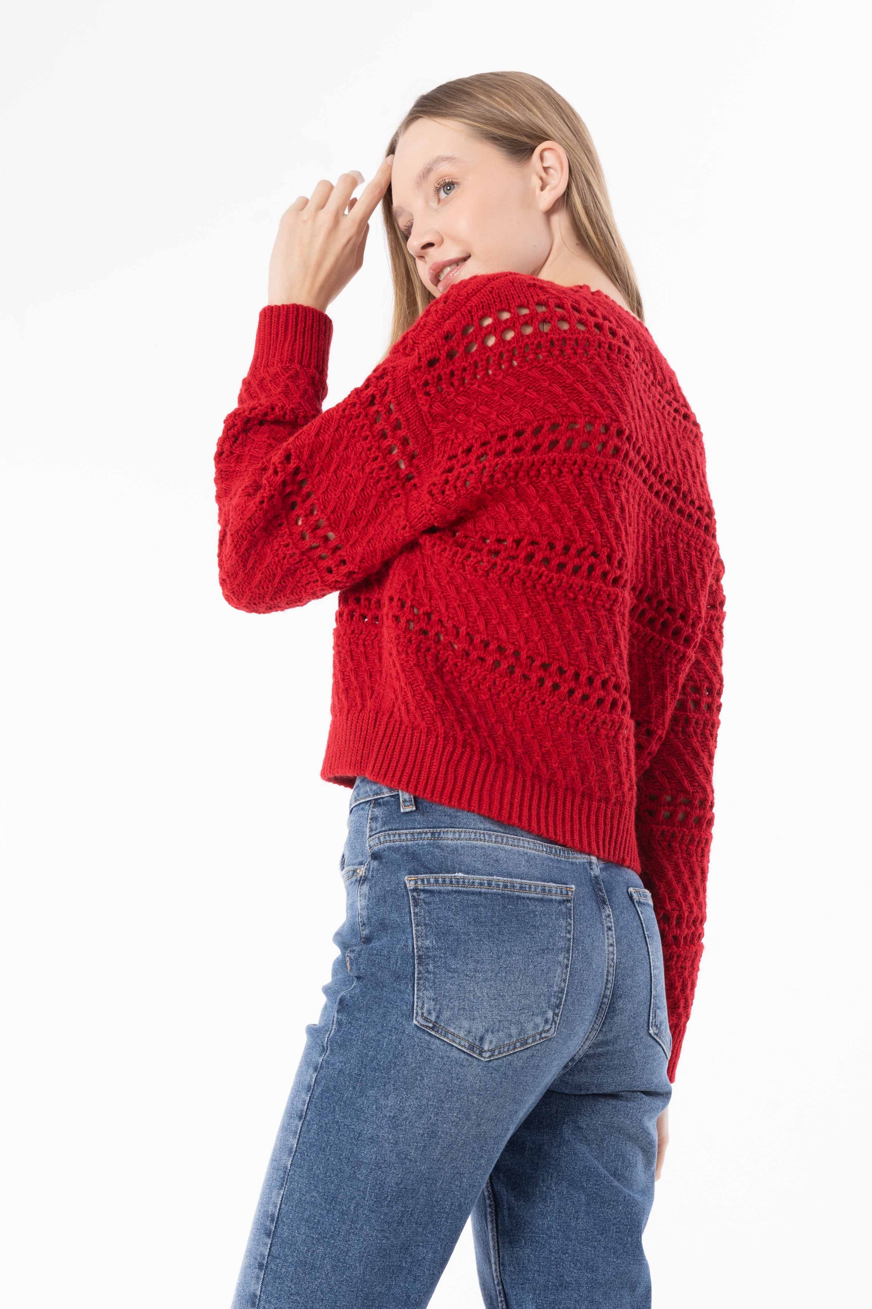 Dexia Dexia Women's Openwork Patterned Long Sleeve Knit Sweater in Red - 4