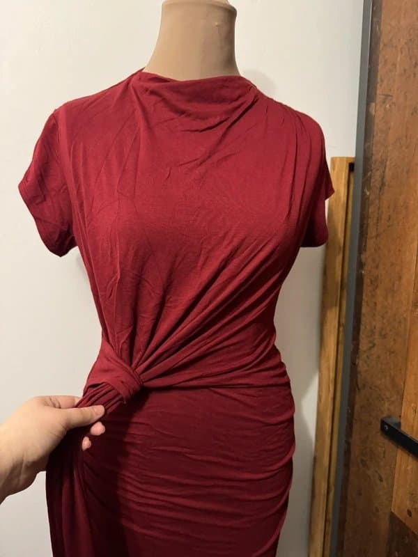 ASOS Design dark cherry red burgundy cap sleeve high neck maxi long dress knot drape size 10