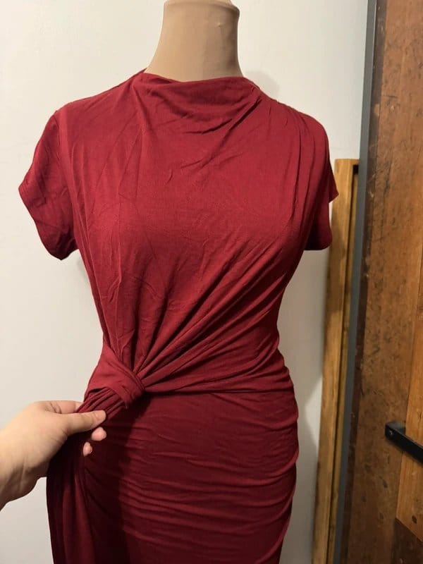 ASOS Design dark cherry red burgundy cap sleeve high neck maxi long dress knot drape size 10 - 1