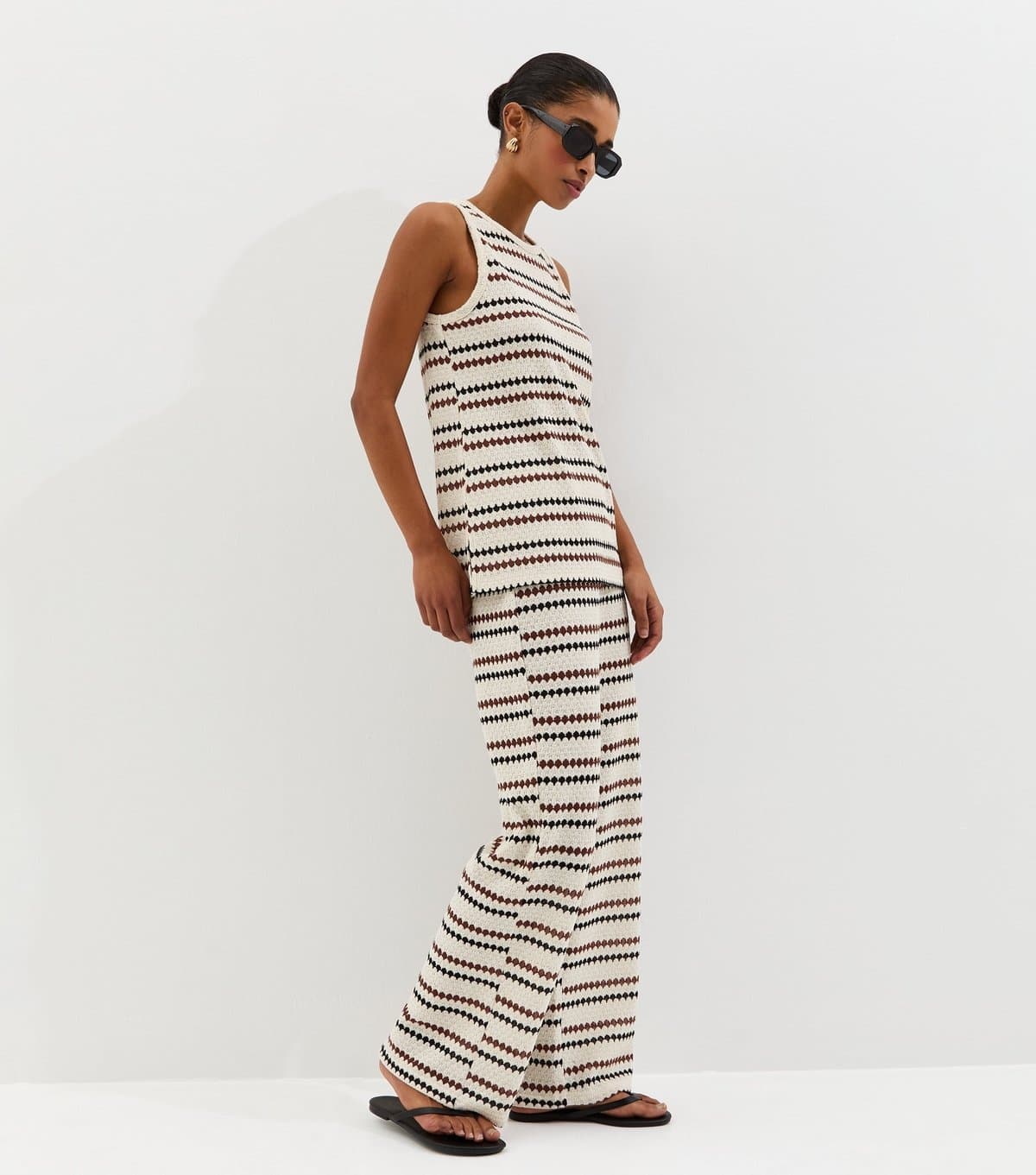 New Look Women's Cream Knitted Multi Stripe Beach Wide Leg Trousers New Look