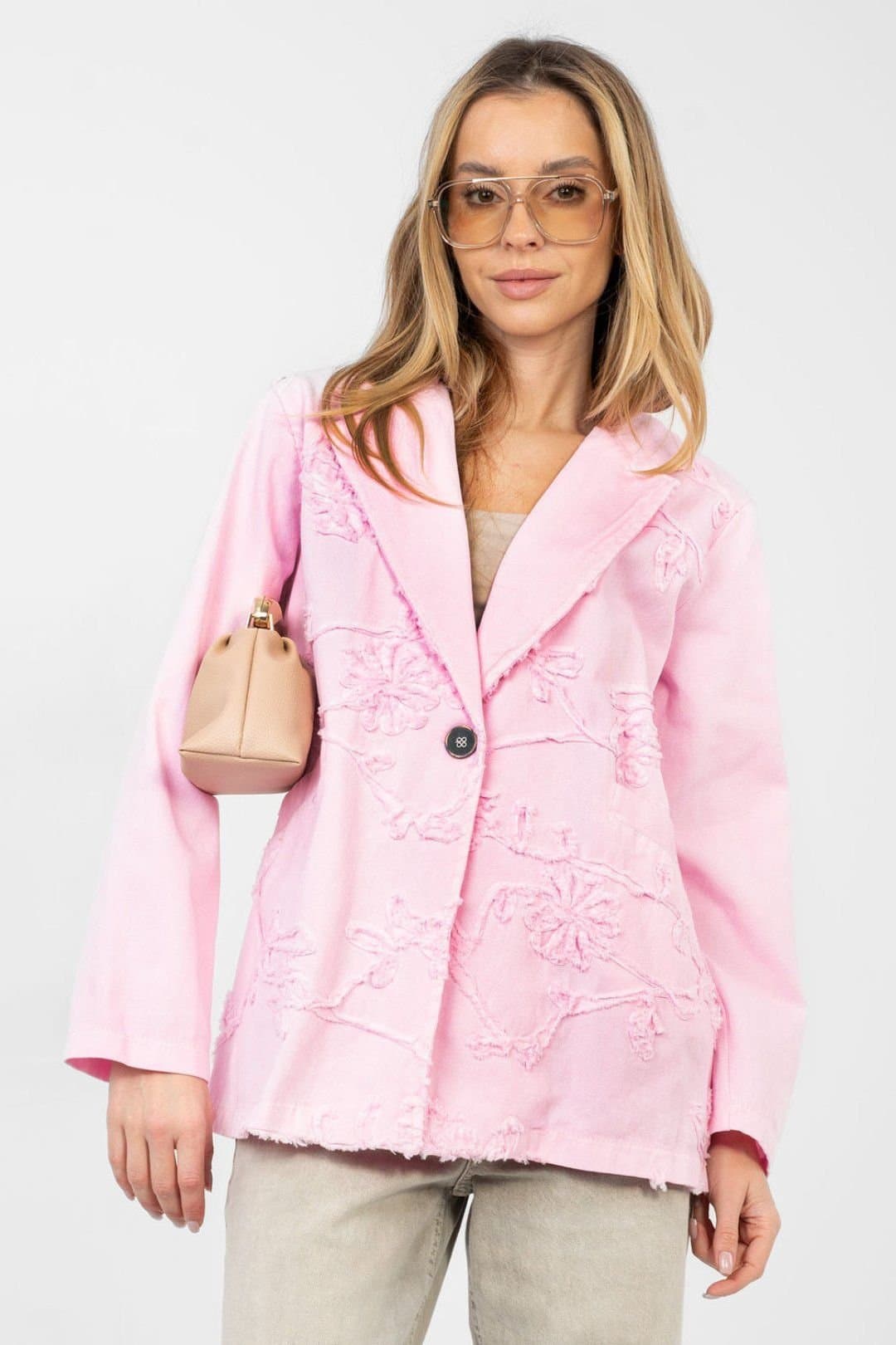 Love Lace Love Lace Women's Embroidered Flower Cotton Denim Blazer in Pink