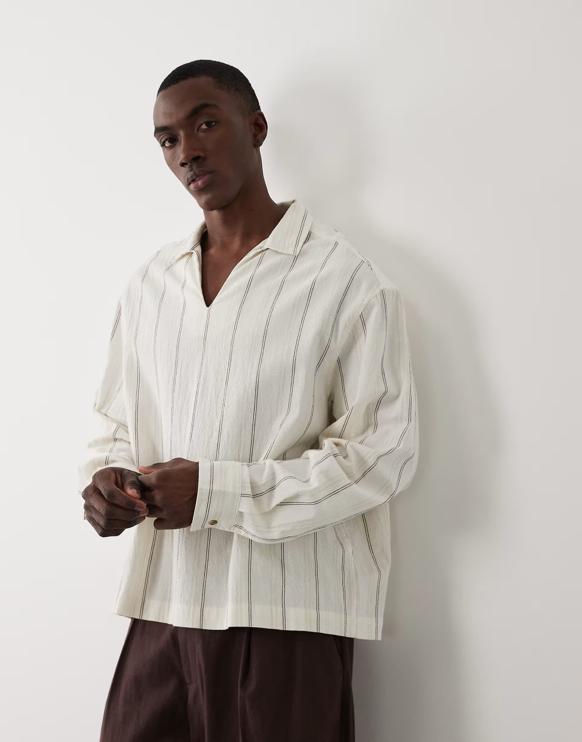 ASOS ASOS DESIGN oversized overhead linen look stripe shirt in beige