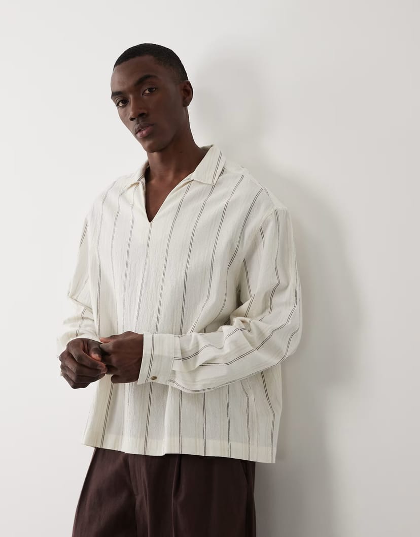 ASOS ASOS DESIGN oversized overhead linen look stripe shirt in beige - 1