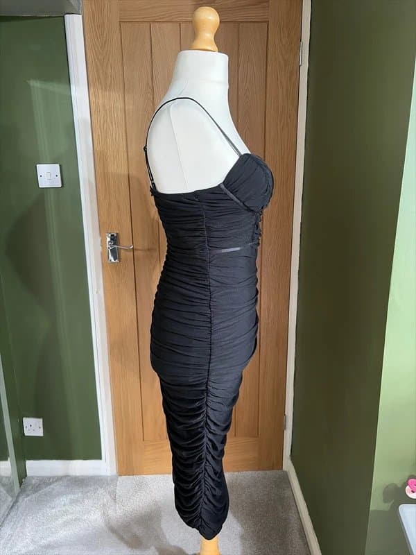 Shein Size large (size 12) fully ruched black strappy cami fitted midi dress with sweetheart neck