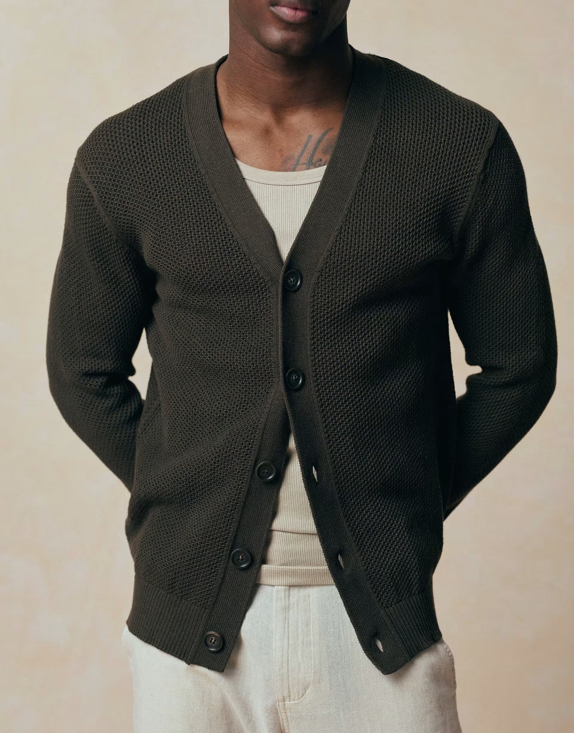 ASOS Mango cotton mix waffle knit long sleeve cardigan in brown