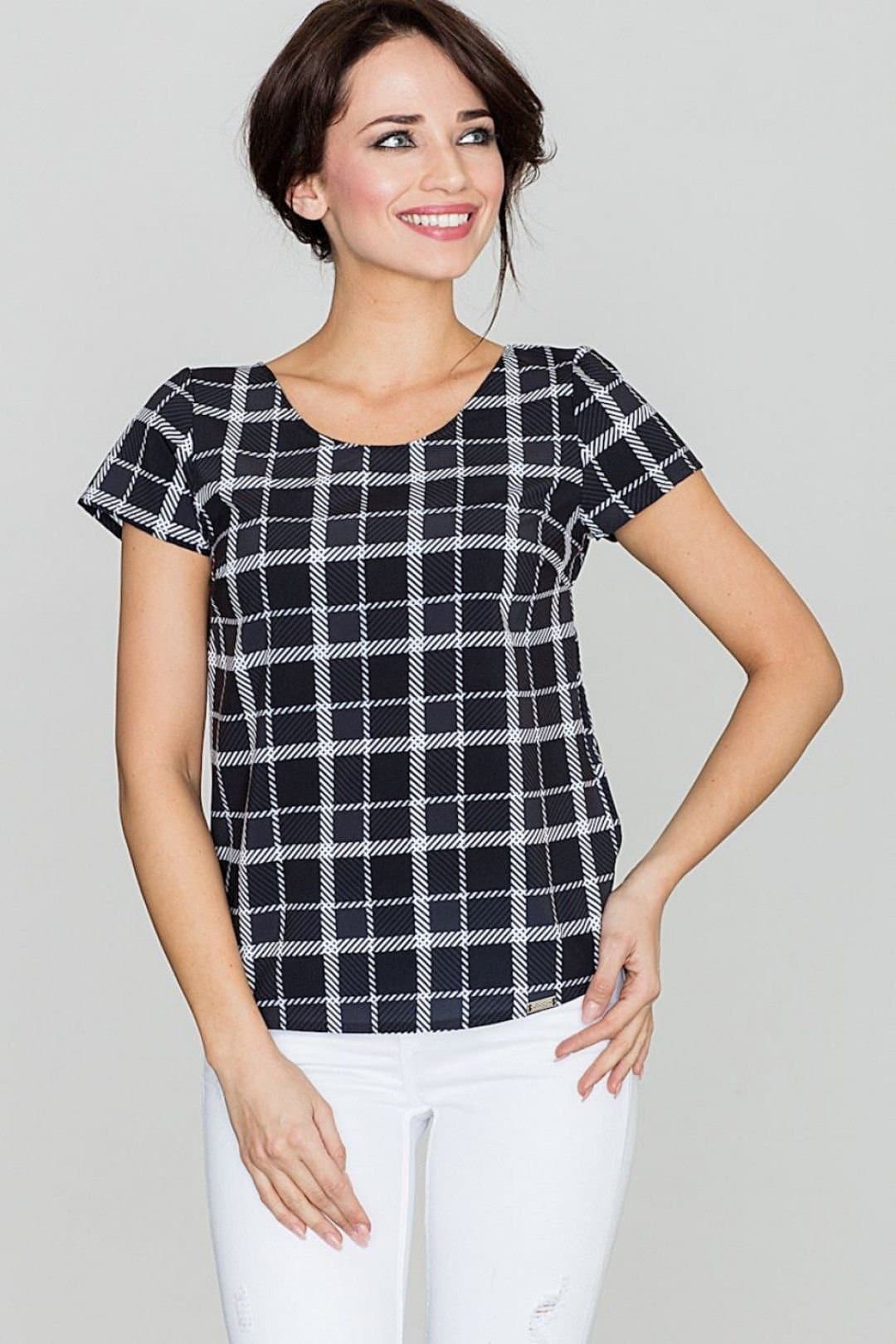 Love Lace Love Lace Women's Loose Short Sleeve Retro Check Blouse Style 114275 in Black