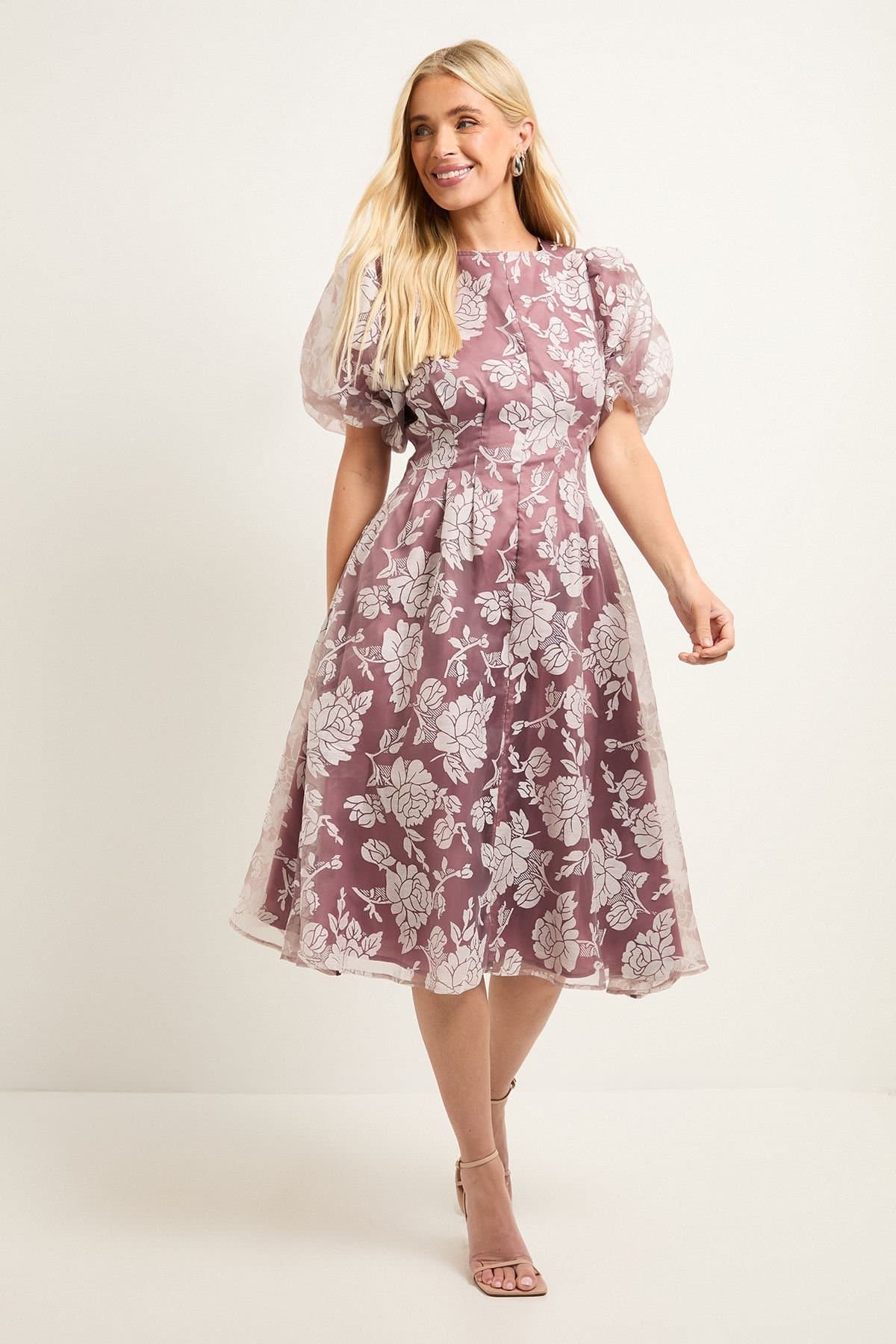 Wallis Wallis Women's Petite Floral Burn Out Puff Sleeve Midi Dress in Rose