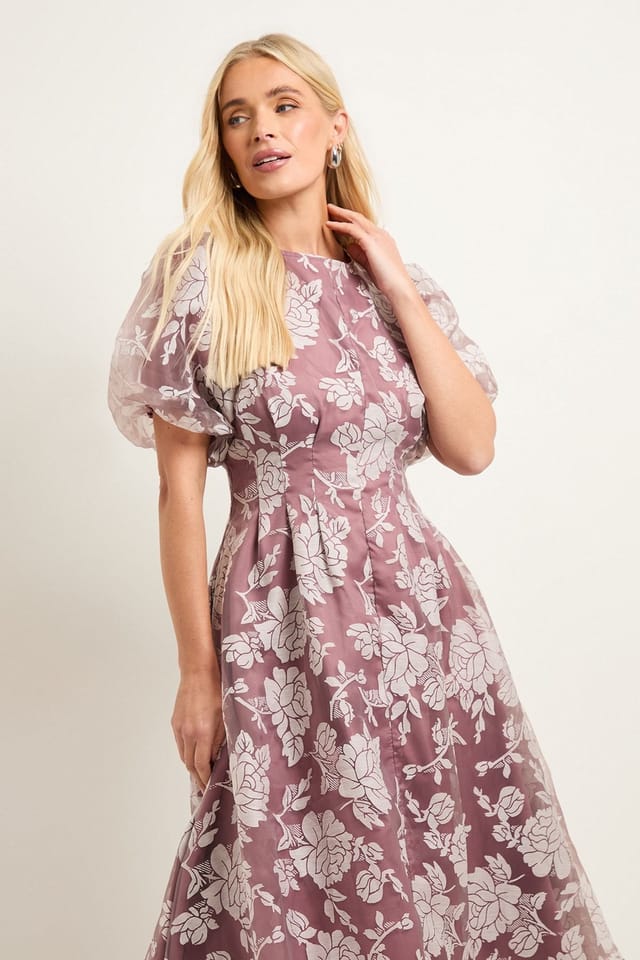 Wallis Wallis Women's Petite Floral Burn Out Puff Sleeve Midi Dress in Rose - 2