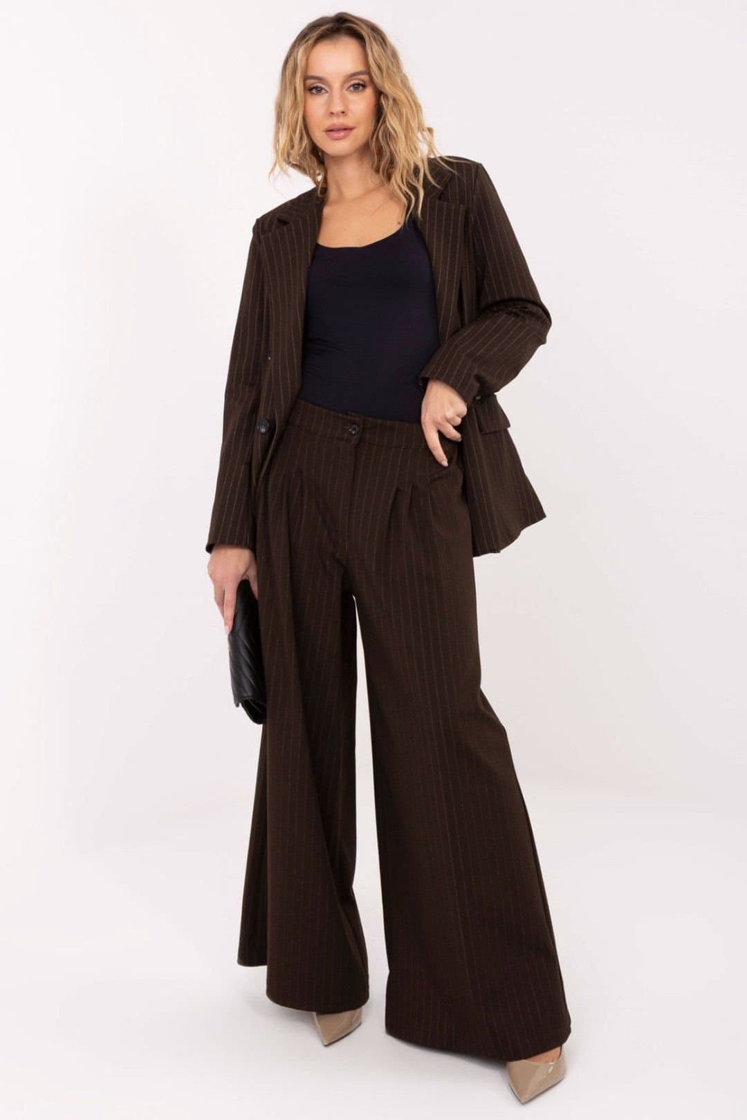 Love Lace Love Lace Women's Striped High Waist Palazzo Trousers with Pleats in Brown