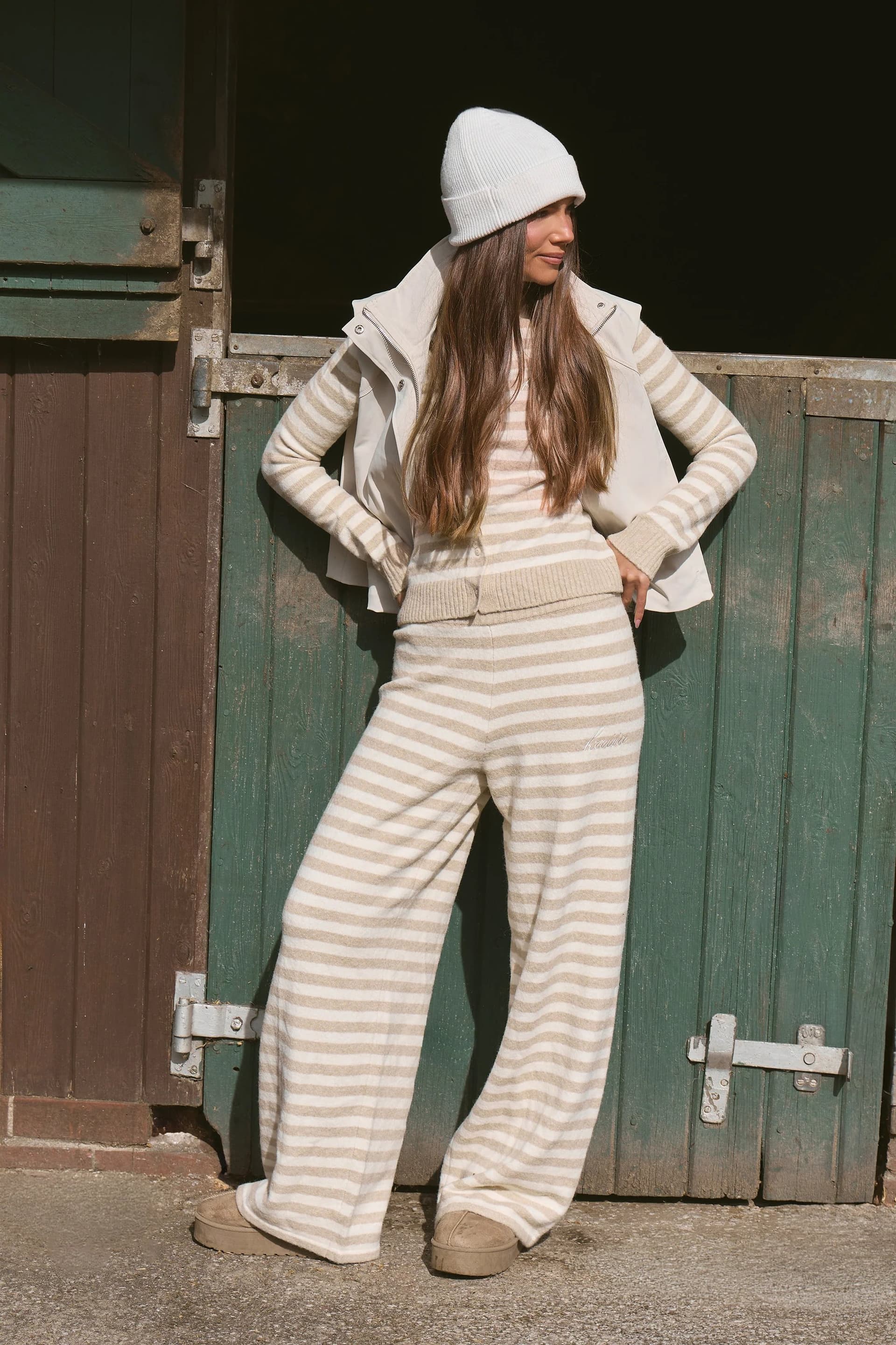 Kaiia Kaiia Knit Striped Wide Leg Trousers Taupe & Cream
