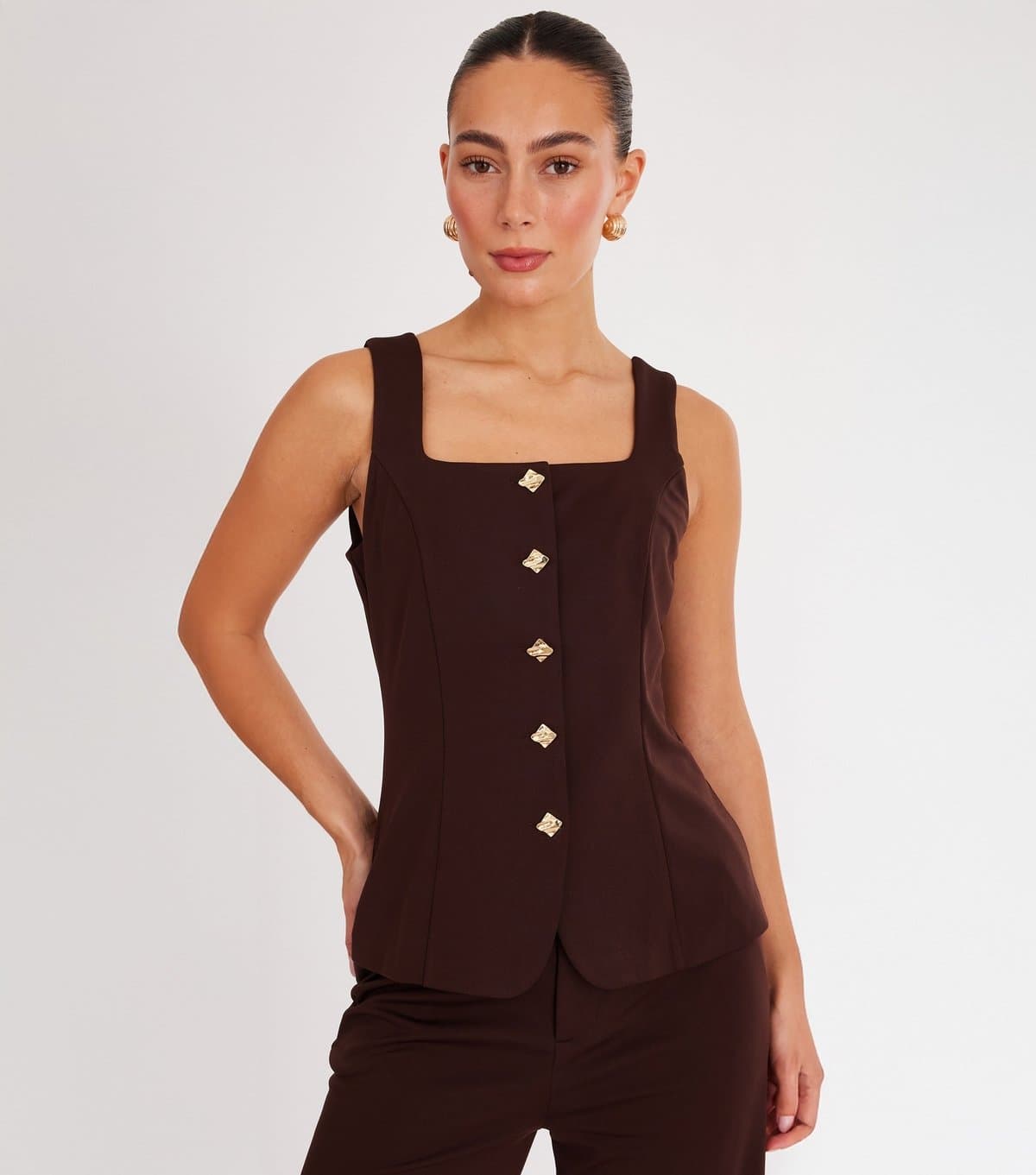 Quiz Quiz Brown Abstract Button Waistcoat