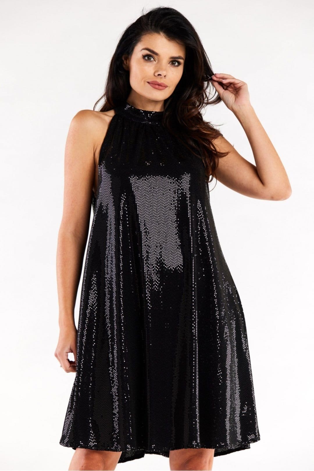 Love Lace Black Sequin Evening Dress with Ruffle Neckline