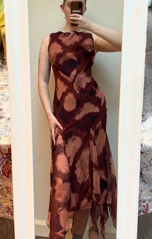 ASOS ASOS Design Chiffon Midi Dress Brown Abstract Print UK 10 Asymmetric Hem