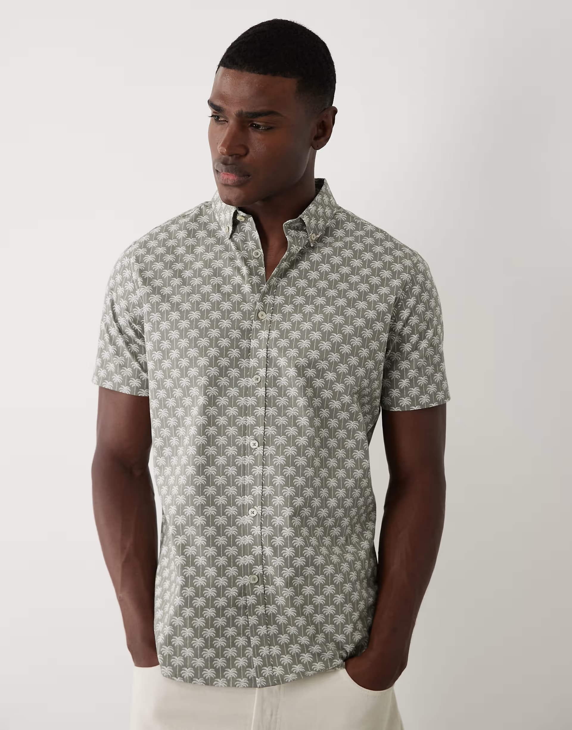 ASOS Threadbare short sleeve shirt with palm tree print in sage green