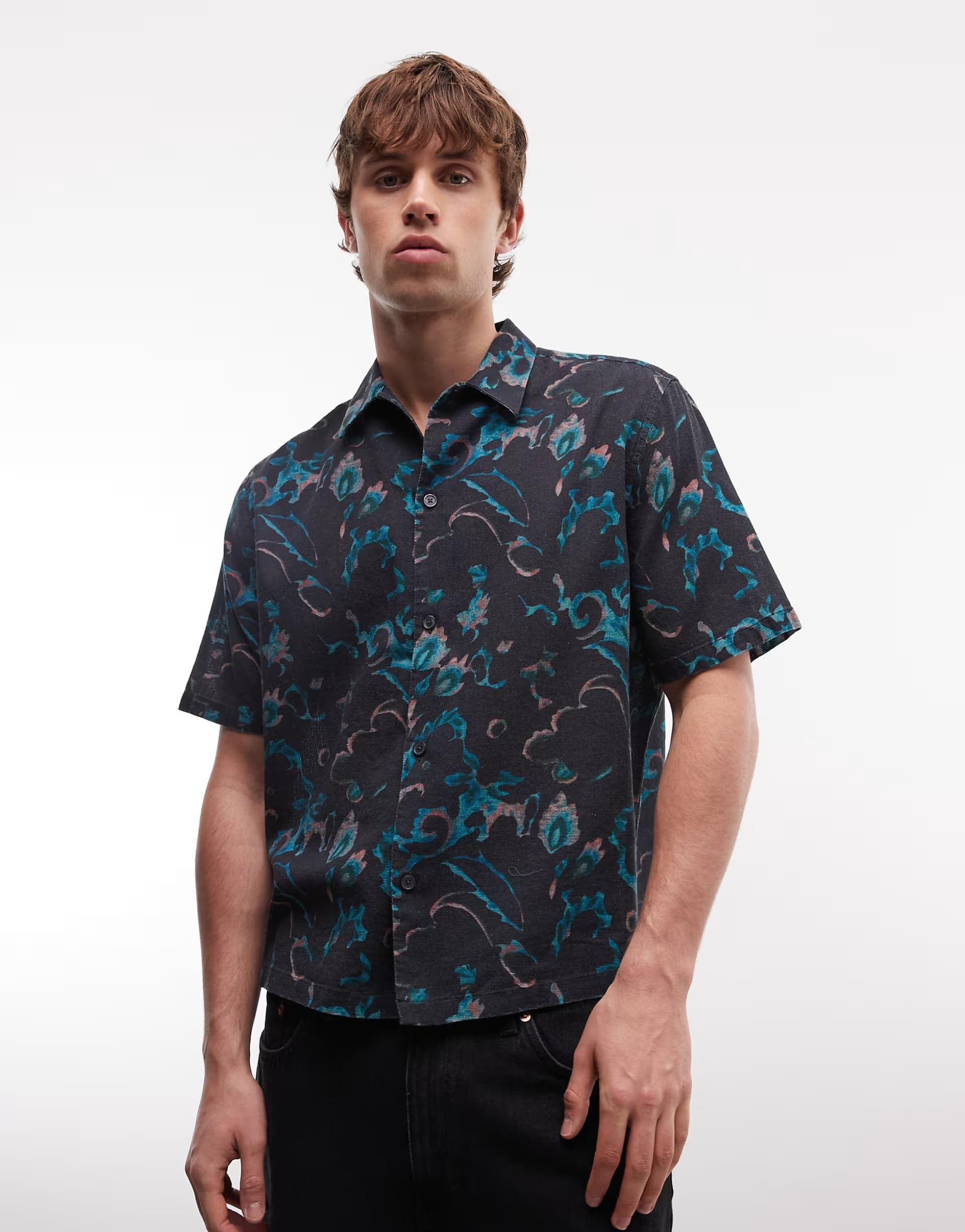 ASOS AllSaints Fortune short sleeve linen blend printed shirt in blue