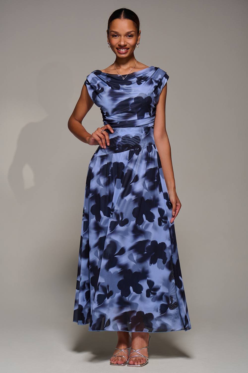 Jolie Moi Jolie Moi Women's Asymmetric Draped Mesh Maxi Dress in Blue - 3