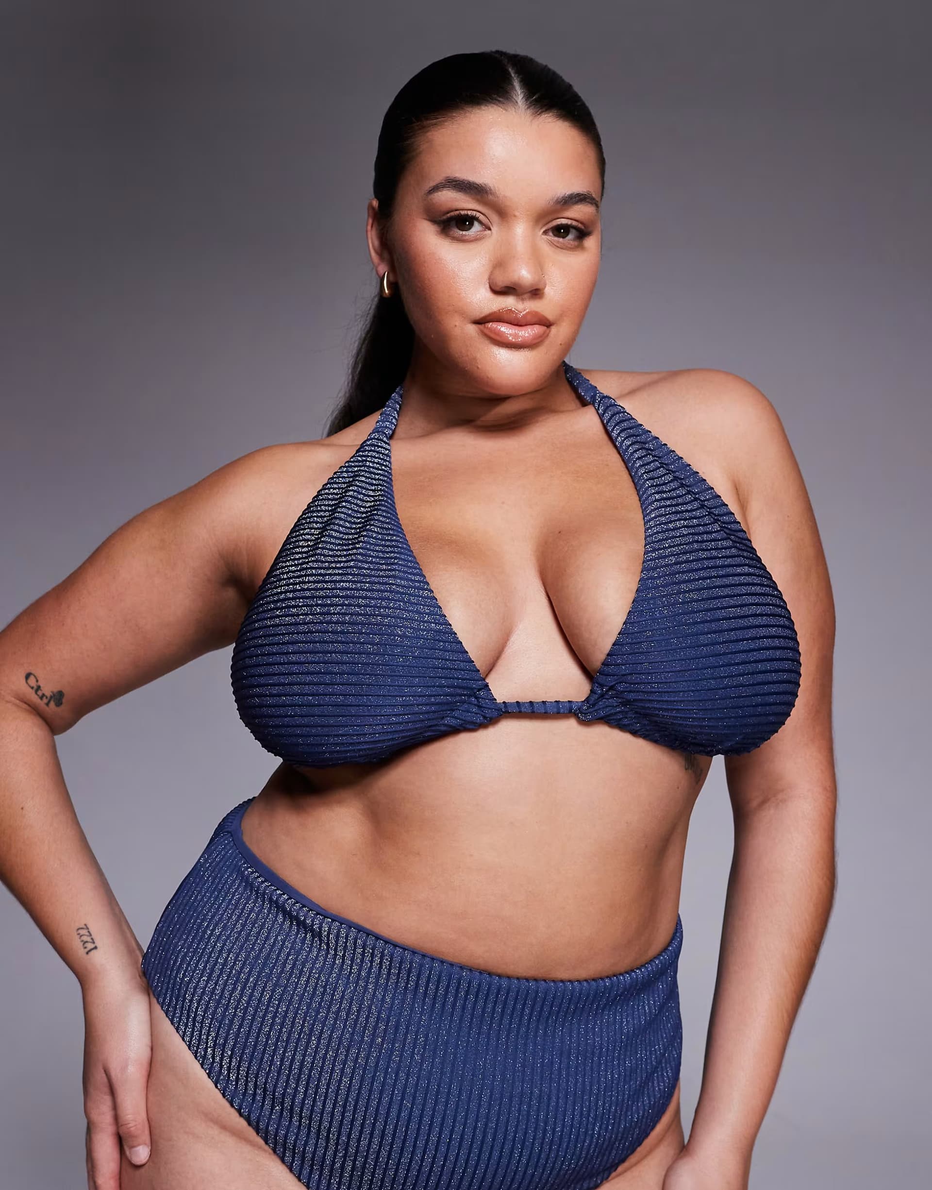 ASOS ASOS DESIGN Curve Riddy Laguna glitter rib high apex tie front bikini top in slate blue