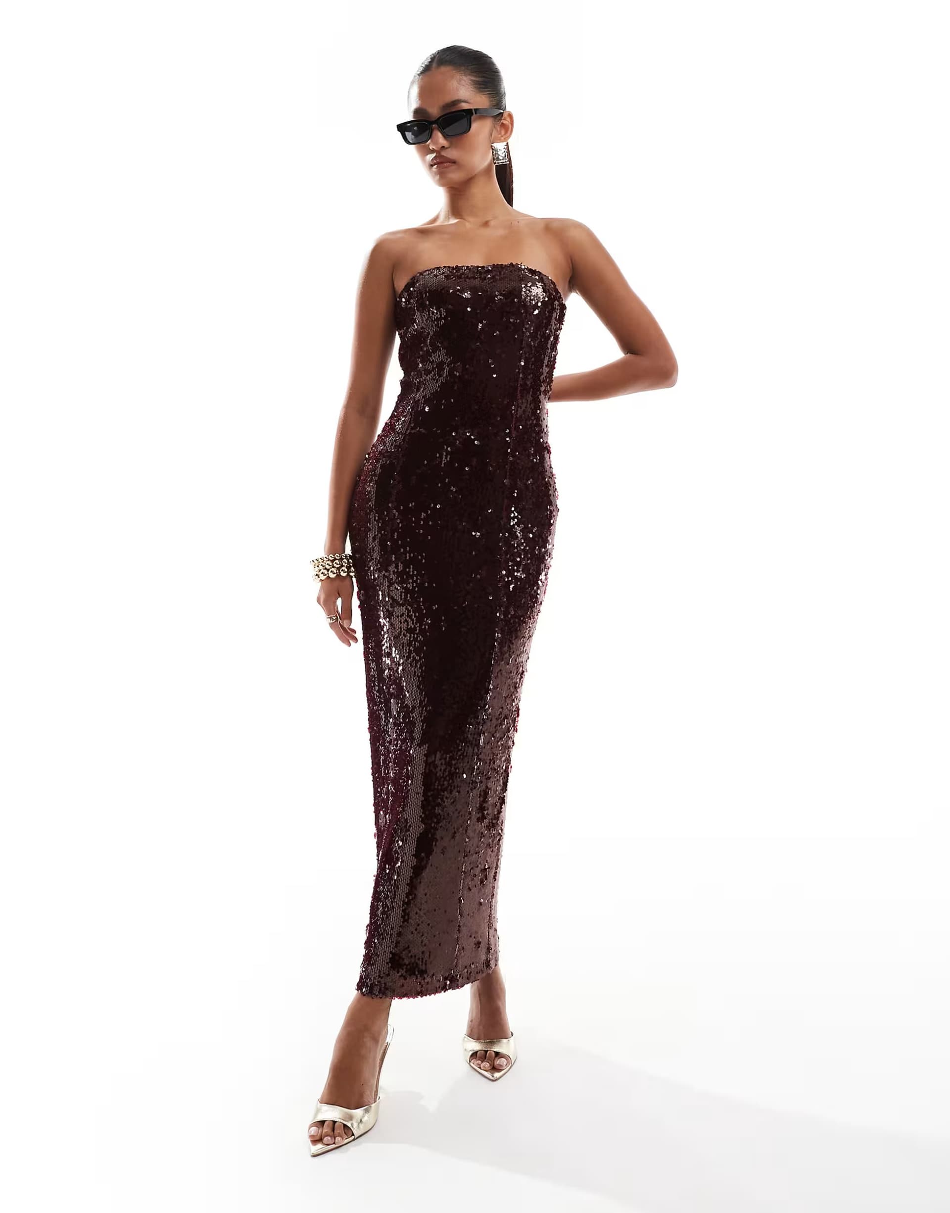 ASOS Pretty Lavish strapless embellished midaxi dress in burgundy sequin