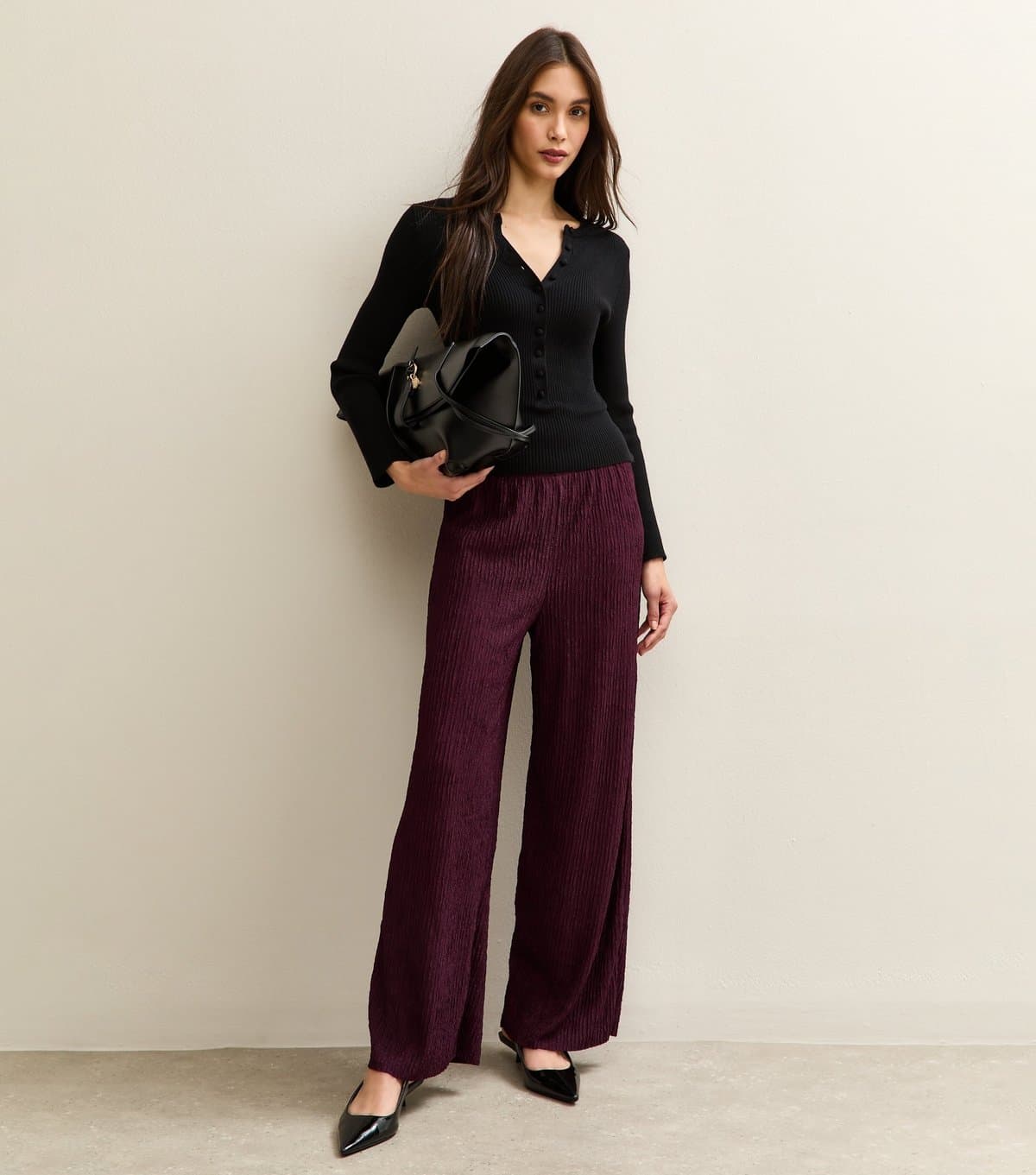 New Look Women's Burgundy Textured Jersey Wide Leg Trousers New Look