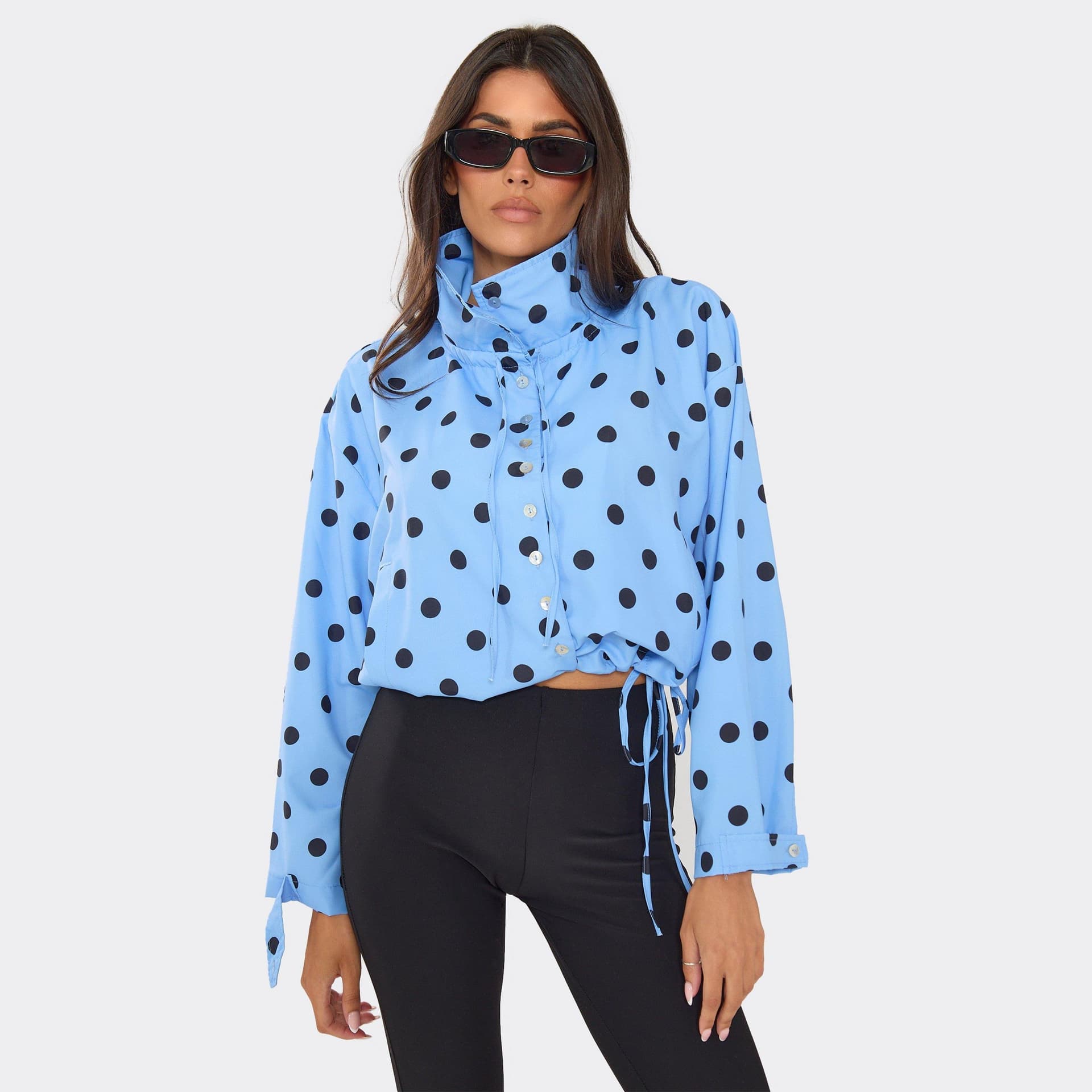 EGO Funnel Neck Button Front Lightweight Jacket In Blue Polka Dot, Women's Size UK L