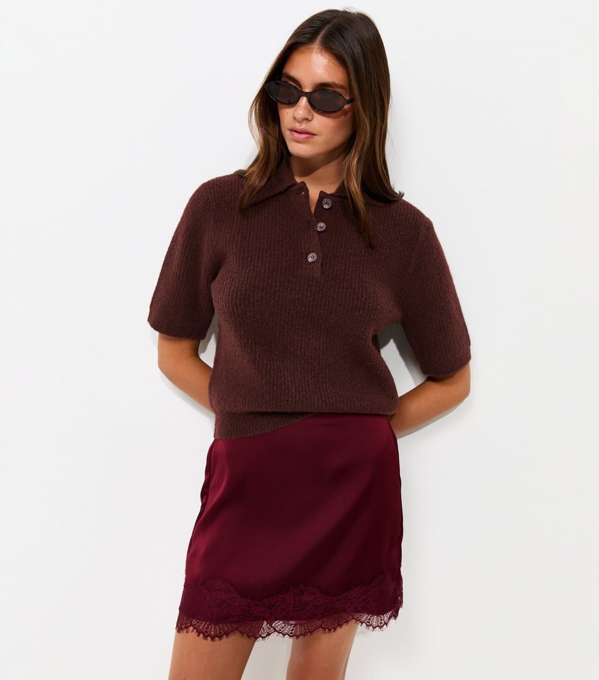 New Look Women's Dark Burgundy Ribbed Knit Short Sleeve Polo Top New Look