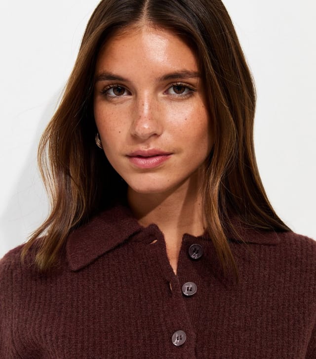 New Look Women's Dark Burgundy Ribbed Knit Short Sleeve Polo Top New Look - 2