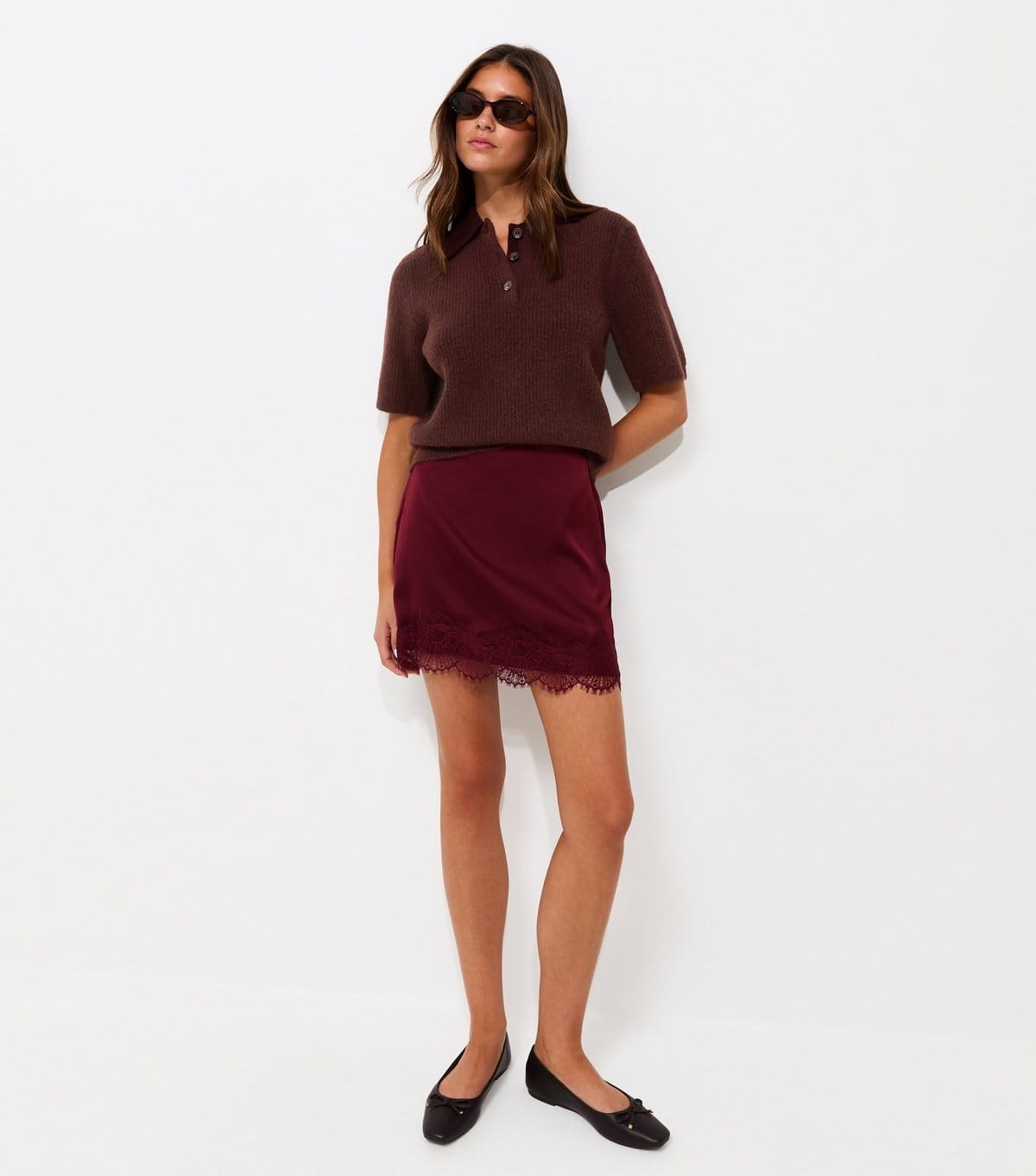 New Look Women's Dark Burgundy Ribbed Knit Short Sleeve Polo Top New Look - 4