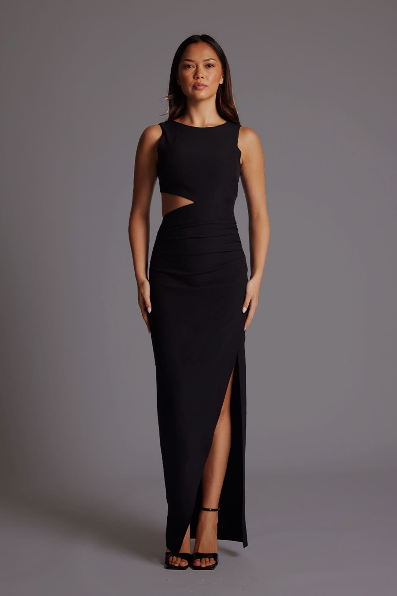 Vesper Vesper Women's Ruched Maxi Dress with Cut-Out in Black