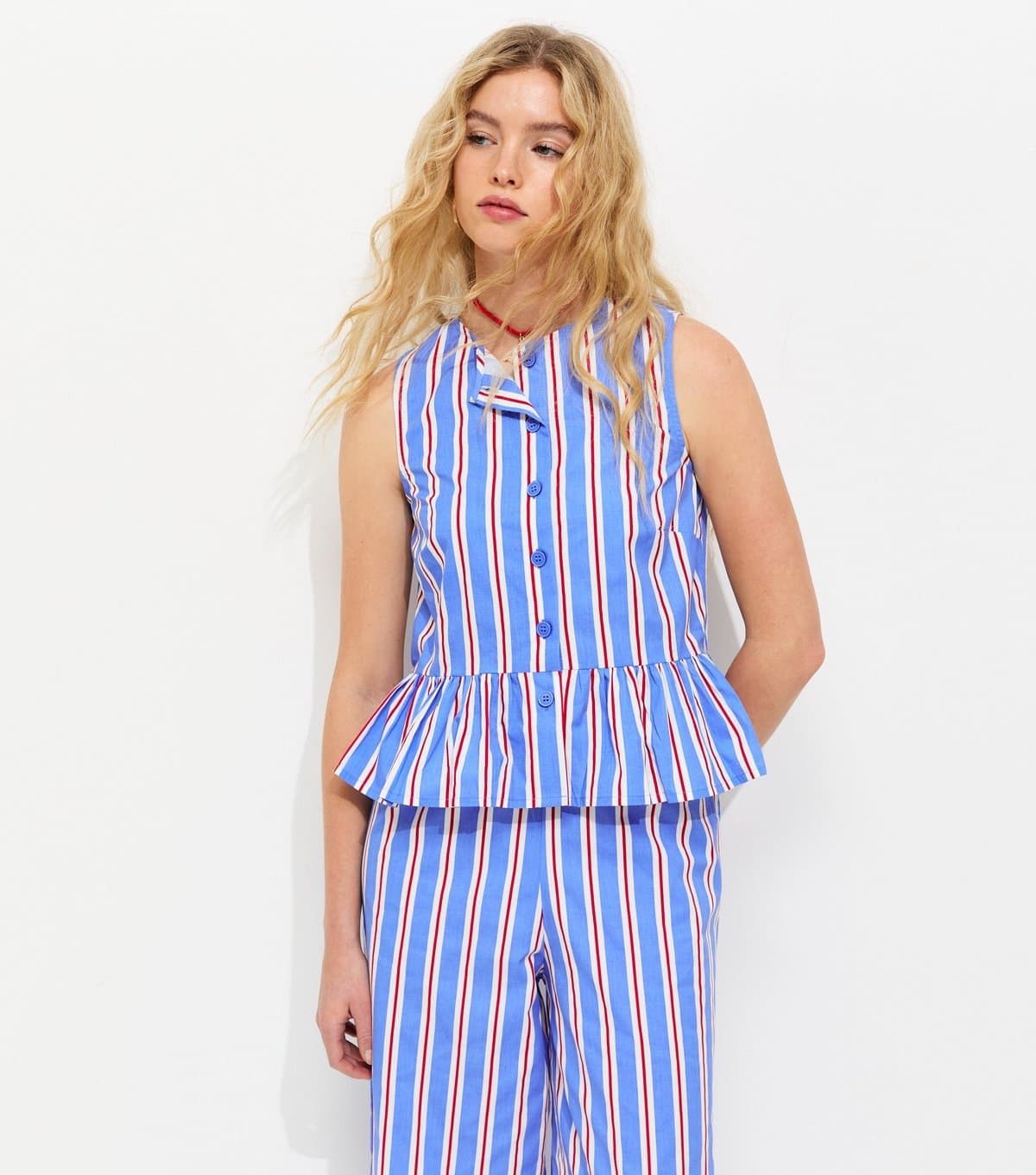 New Look Women's Blue Striped Peplum Hem Button Front Top New Look