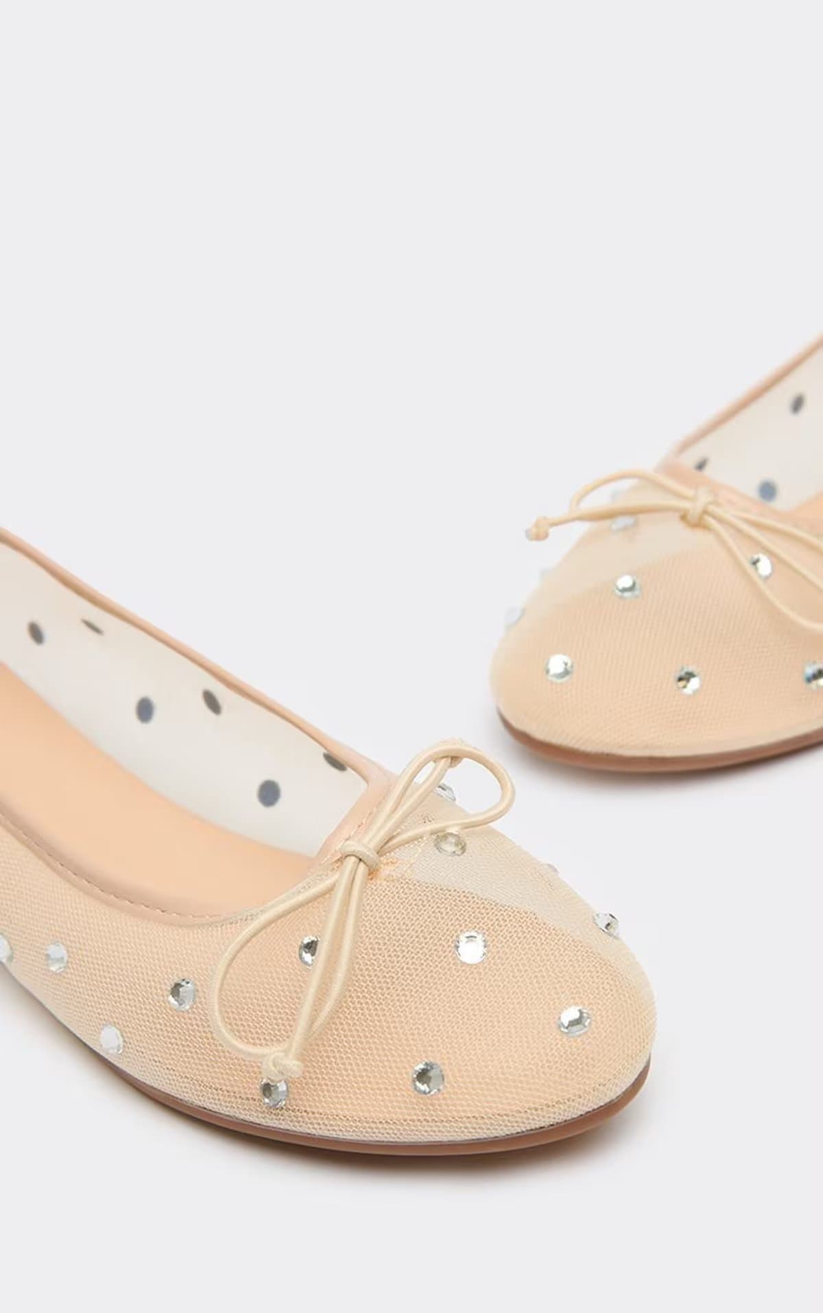 EGO Scottie Gem Bow Detail Flat Ballet Pump In Nude Mesh, Women's Size UK 3