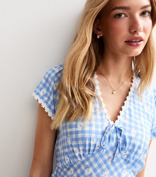 New Look Women's Blue Gingham Floral Print Tie Front Mini Dress New Look - 2