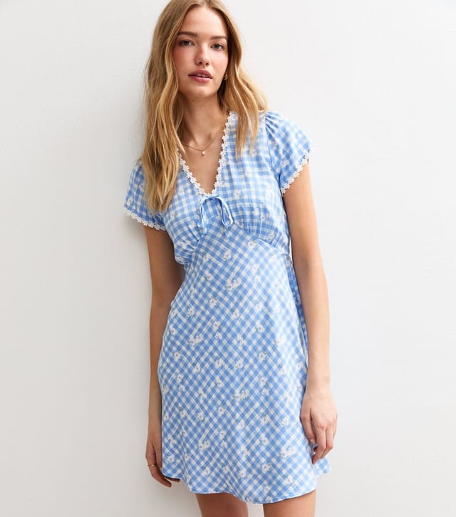 New Look Women's Blue Gingham Floral Print Tie Front Mini Dress New Look - 3