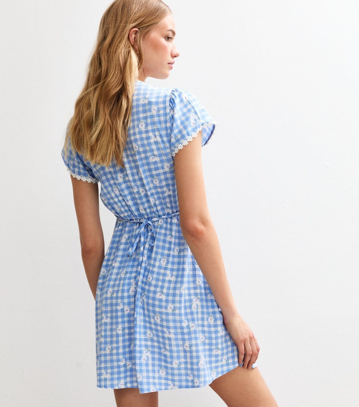 New Look Women's Blue Gingham Floral Print Tie Front Mini Dress New Look - 4