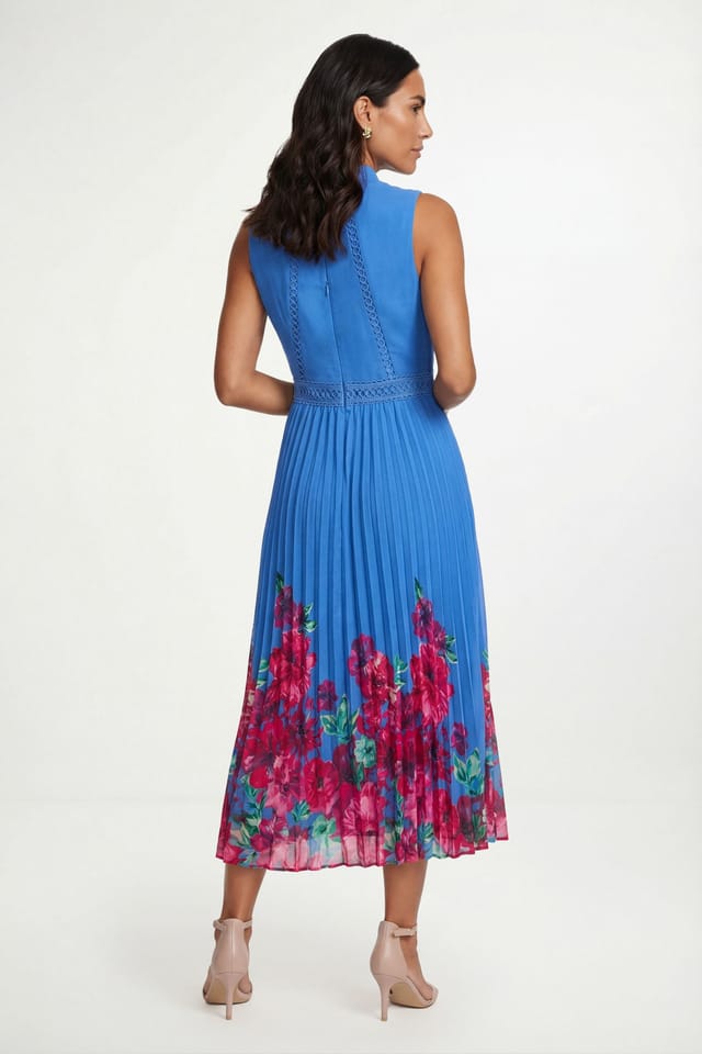 Wallis Wallis Women's Petite Floral Lace Insert Pleated Midi Dress in Blue - 2