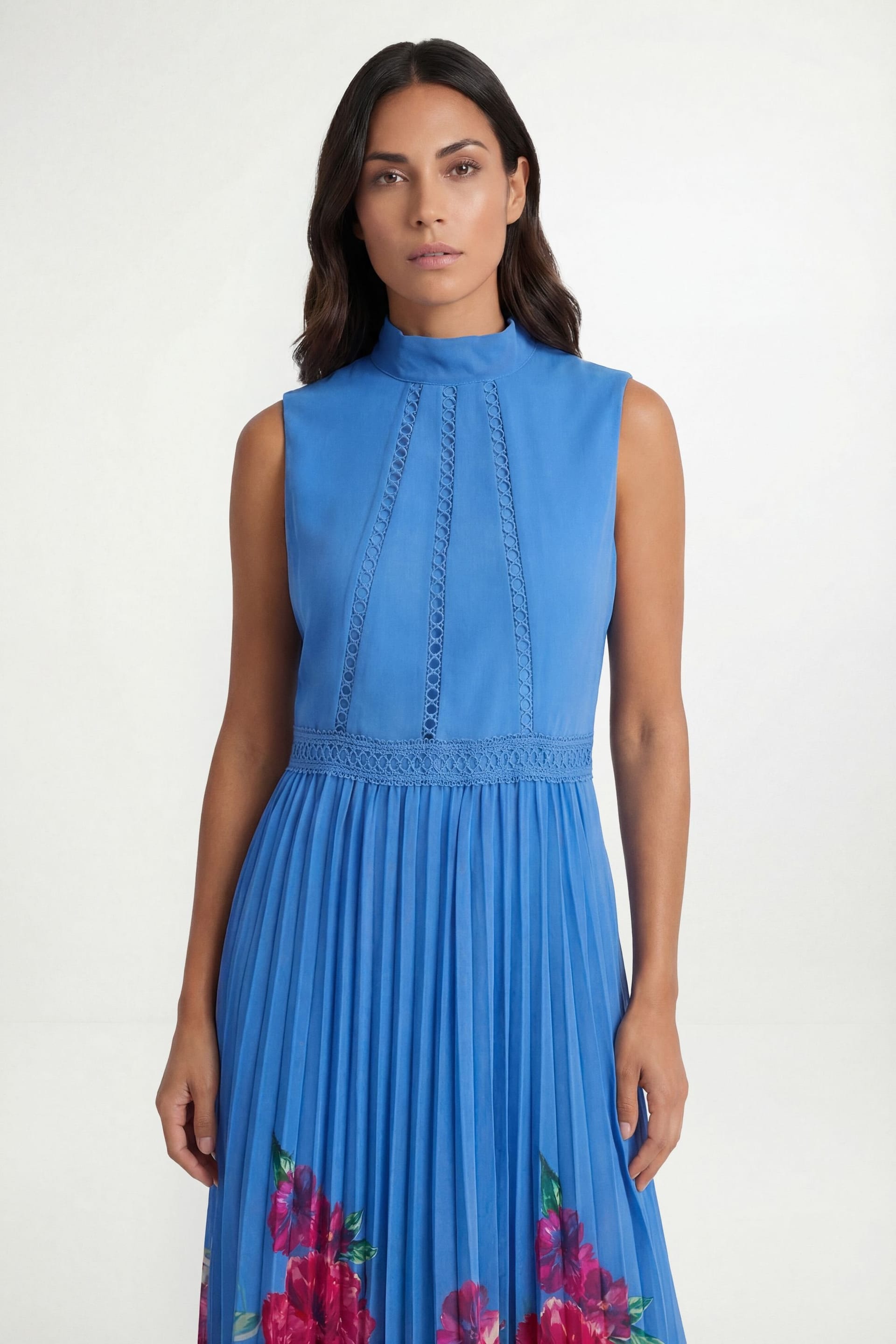 Wallis Wallis Women's Petite Floral Lace Insert Pleated Midi Dress in Blue - 4