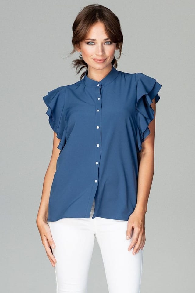Love Lace Love Lace Women's Loose Fit Shirt with Frilled Sleeves Buttons in Blue - 2