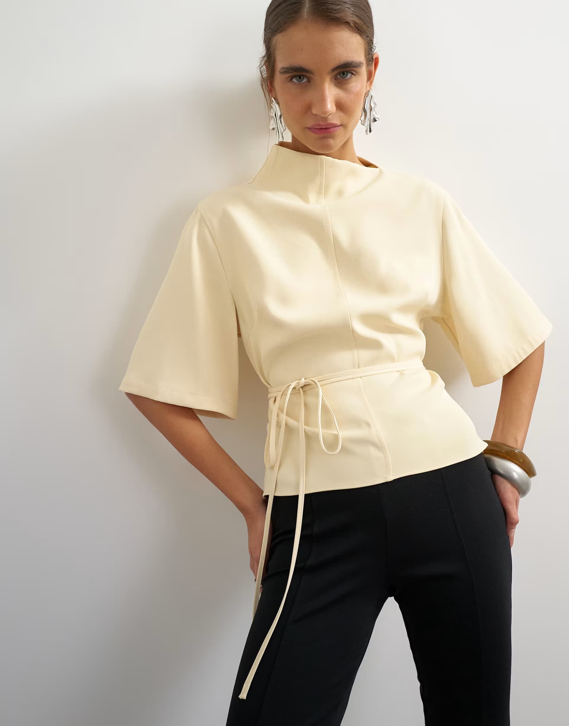ASOS Topshop high neck tie detail short sleeved top in buttermilk
